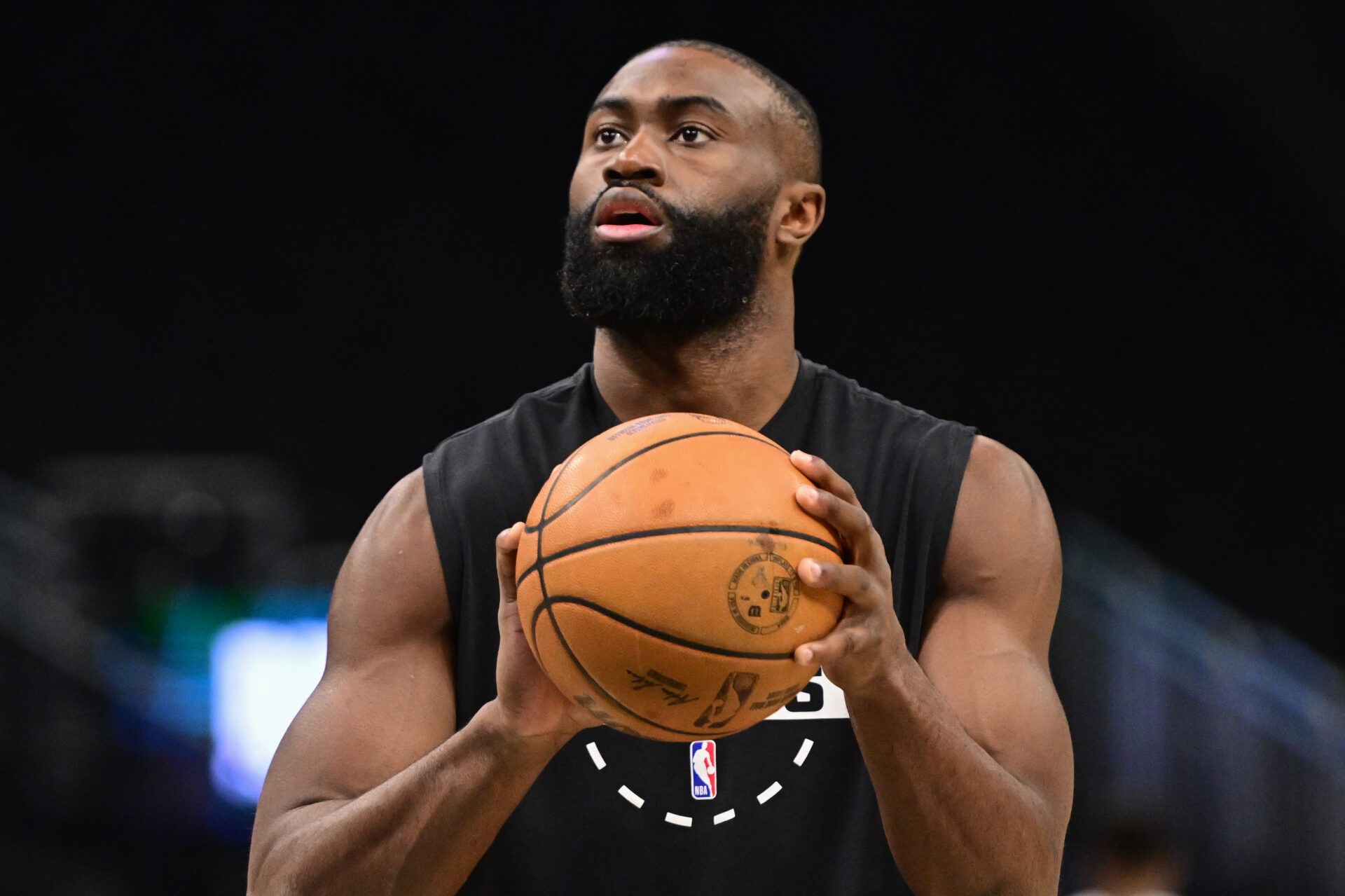 Boston Celtics forward Jaylen Brown (7) warms up before the game against the Milwaukee Bucks at Fiserv Forum.