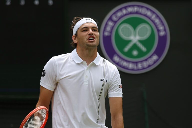 Taylor Fritz (USA) reacts after missing a shot against Dusan Lajovic (SRB) (not pictured) on day two of The Championships Wimbledon 2026 at All England Lawn Tennis and Croquet Club.