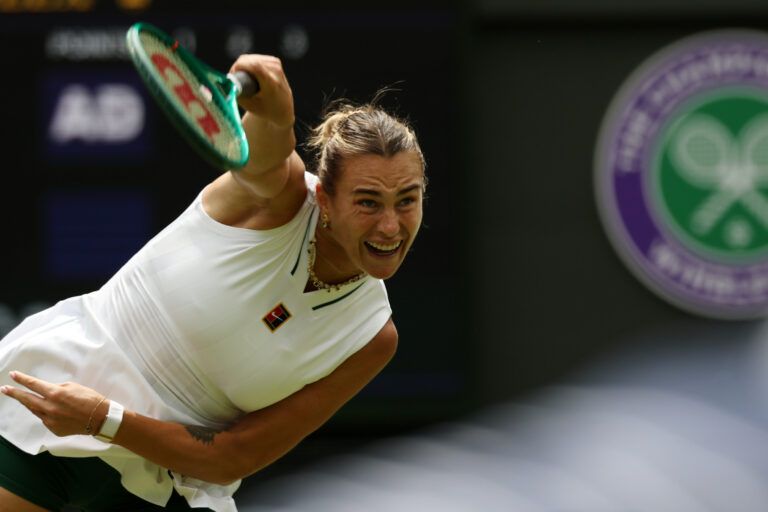 Aryna Sabalenka serves against McCartney Kessler (USA) (not pictured) on day three of The Championships Wimbledon 2026 at All England Lawn Tennis and Croquet Club.