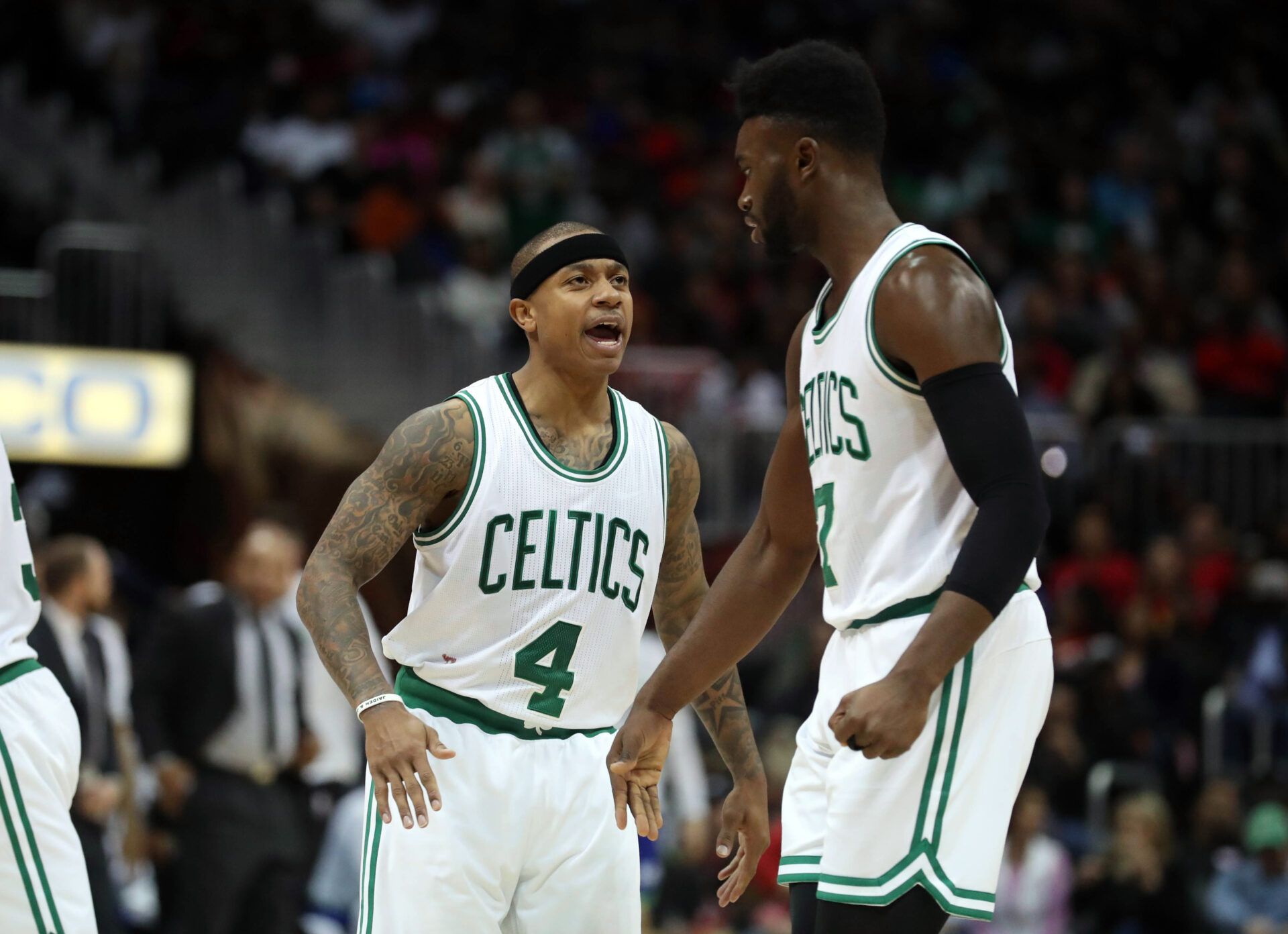 Boston Celtics guard Isaiah Thomas (4) celebrates a play with forward Jaylen Brown (7) in the third quarter of their game against the Atlanta Hawks at Philips Arena. The Hawks won 123-116.
