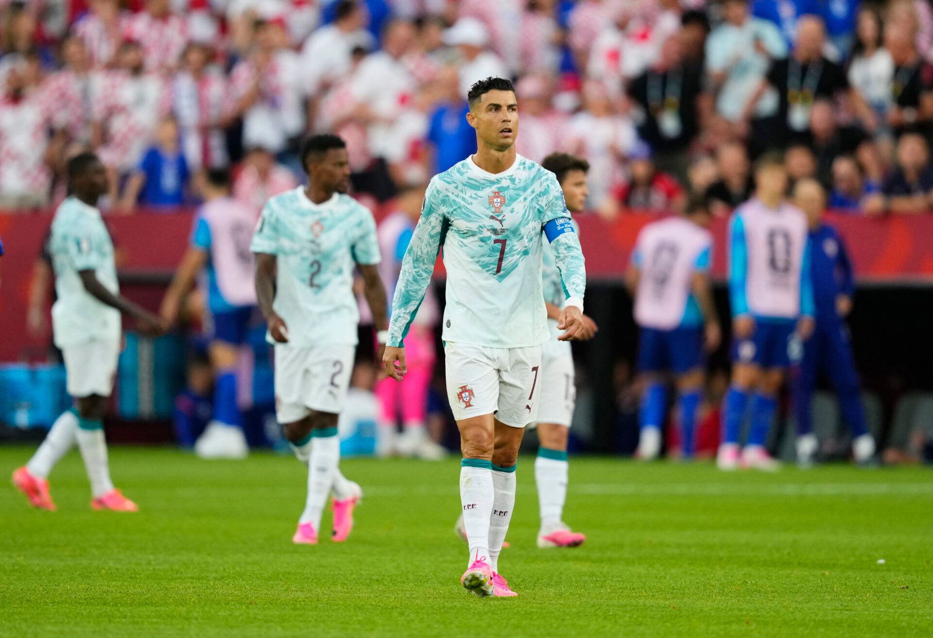 Portugal's Cristiano Ronaldo before he takes a penalty.