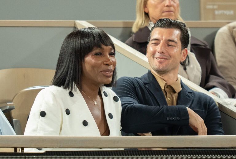 Venus Williams and  her husband, Andrea Preti, in attendance for the Matteo Berrettini of Italy and Matteo Arnaldi of Italy match on day 11 at Stade Roland Garros.