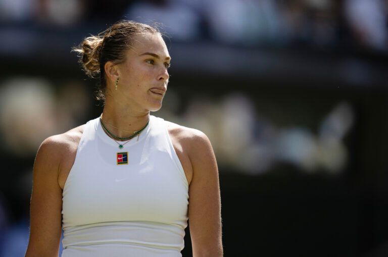 Aryna Sabalenka  during her match against Amanda Anisimova of the United States on day 11 at All England Lawn Tennis and Croquet Club.