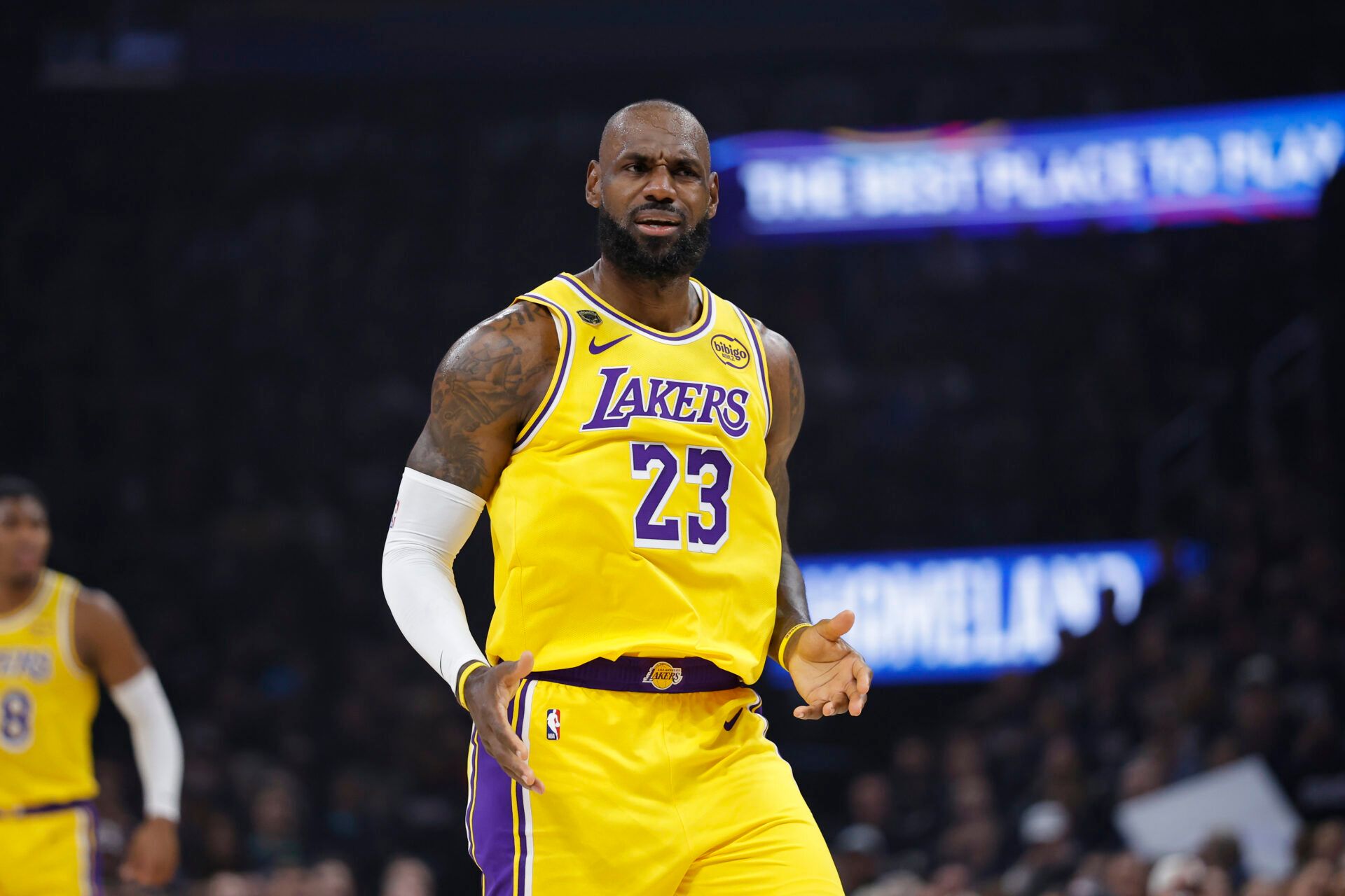 Los Angeles Lakers forward LeBron James (23) reacts after a play against the Oklahoma City Thunder in the first half during game two of the second round of the 2026 NBA Playoffs at Paycom Center.