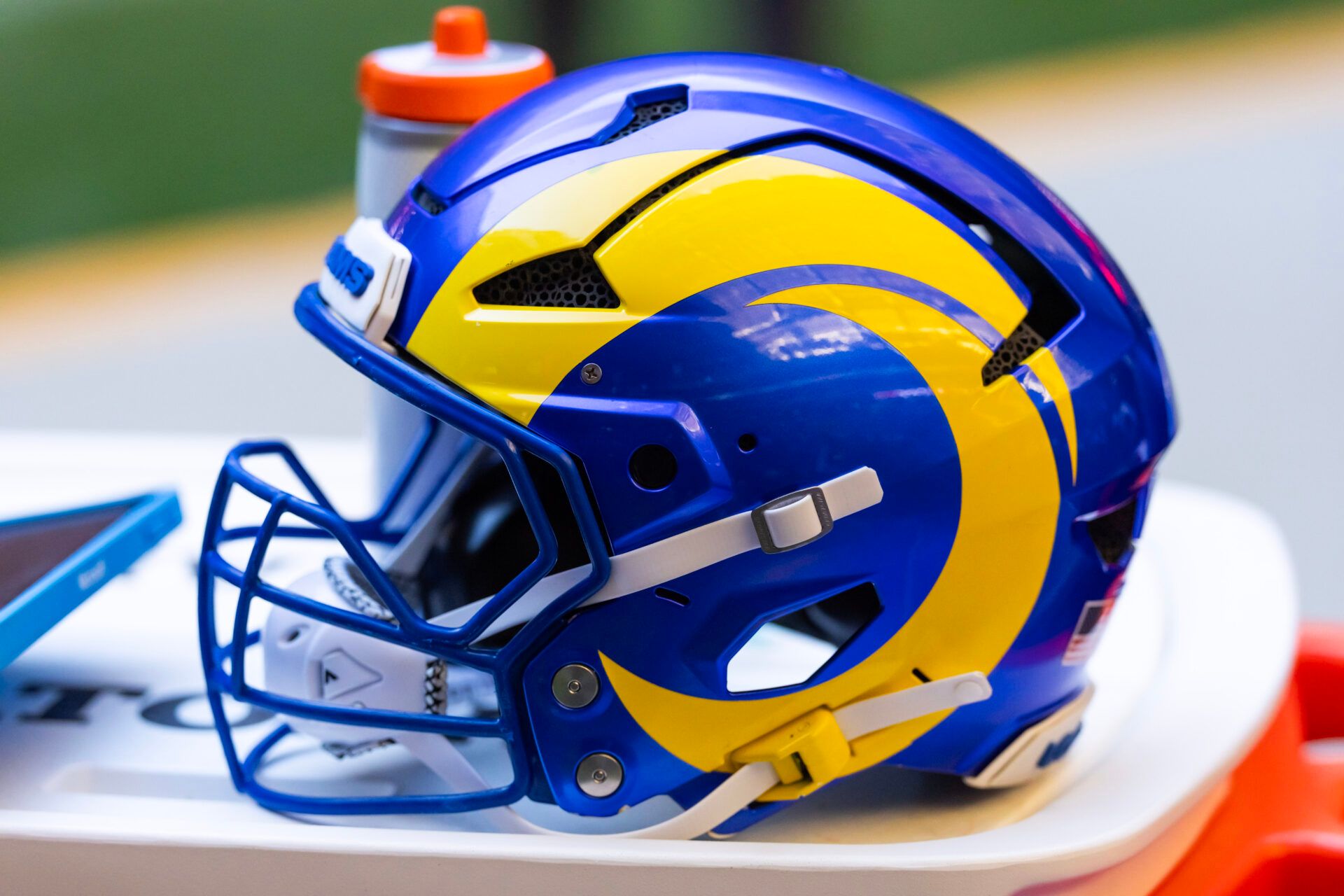 Detailed view of a Los Angeles Rams helmet at State Farm Stadium.