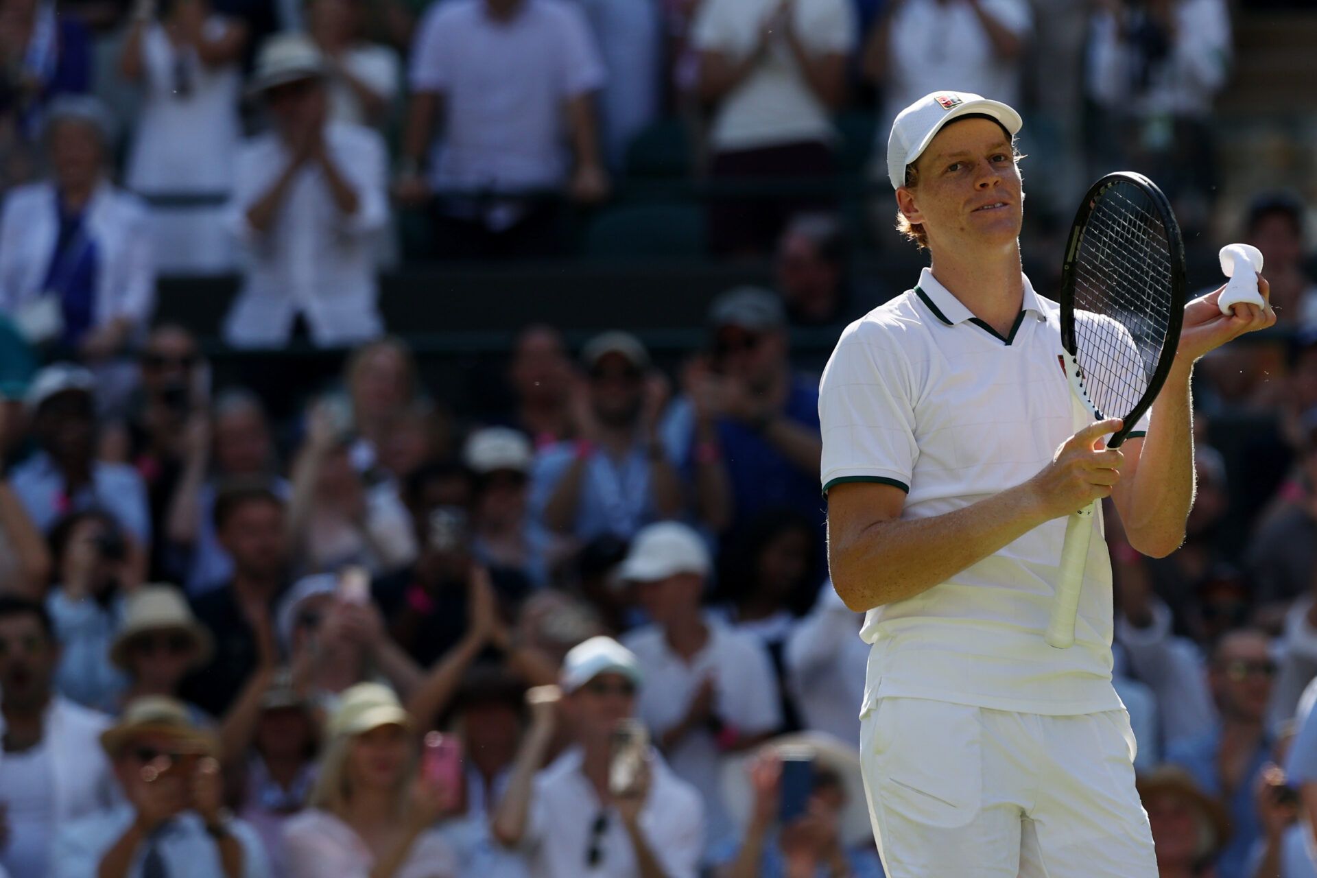 Jannik Sinner (ITA) salutes the crowd after his match against Jenson Brooksby (USA) (not pictured) on day five of The Championships Wimbledon 2026 at All England Lawn Tennis and Croquet Club.