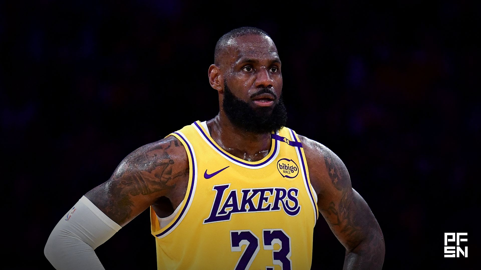 Los Angeles Lakers forward LeBron James (23) reacts during the first half in game five of first round for the 2025 NBA Playoffs at Crypto.com Arena.
