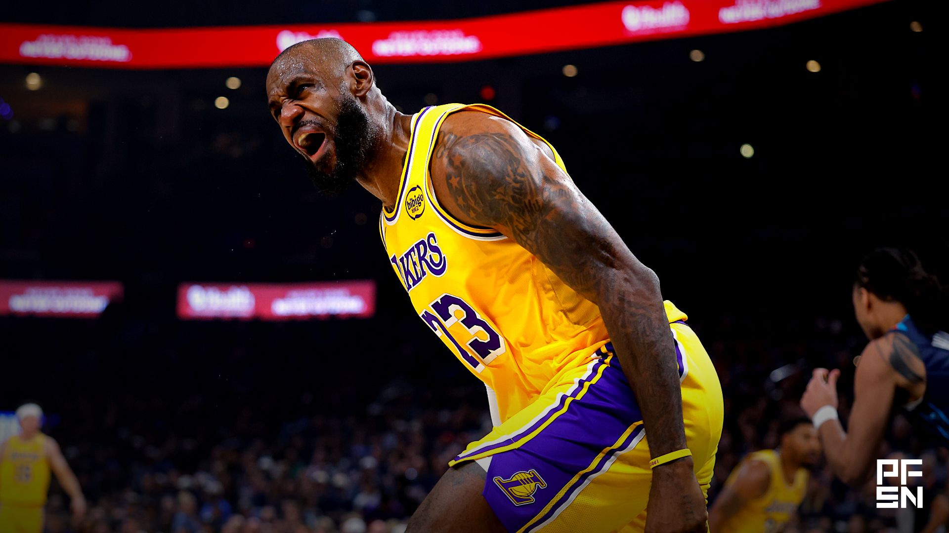 Los Angeles Lakers forward LeBron James (23) reacts after a play against the Oklahoma City Thunder in the first half during game two of the second round of the 2026 NBA Playoffs at Paycom Center.