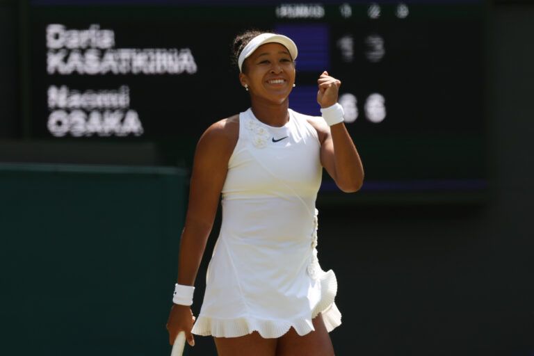 Naomi Osaka (JPN) celebrates after match point against Daria Kasatkina (AUS) (not pictured) on day five of The Championships Wimbledon 2026 at All England Lawn Tennis and Croquet Club.