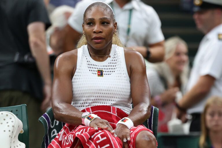 Serena Williams (USA) sits in her player's chair during a changeover against Maya Joint (AUS) (not pictured) on day two of The Championships Wimbledon 2026 at All England Lawn Tennis and Croquet Club.