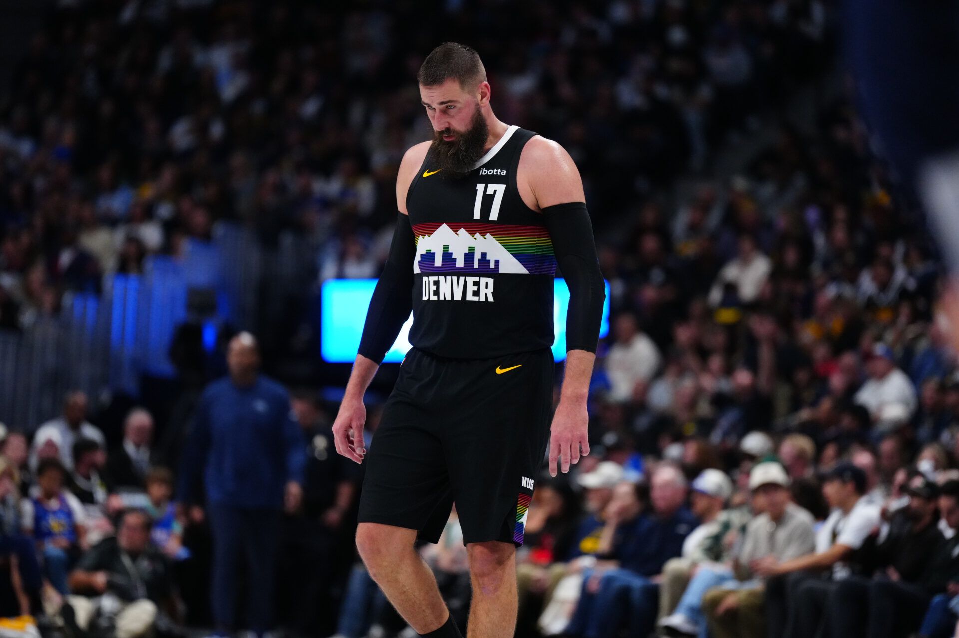 Denver Nuggets center Jonas Valanciunas (17) reacts after his turnover in the second half against the Oklahoma City Thunder at Ball Arena.