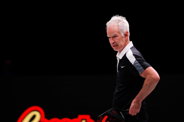 John McEnroe look on against Andre Agassi (not pictured) during a singles match at the Pickleball Slam at Hard Rock Live at Seminole Hard Rock Hotel & Casino.