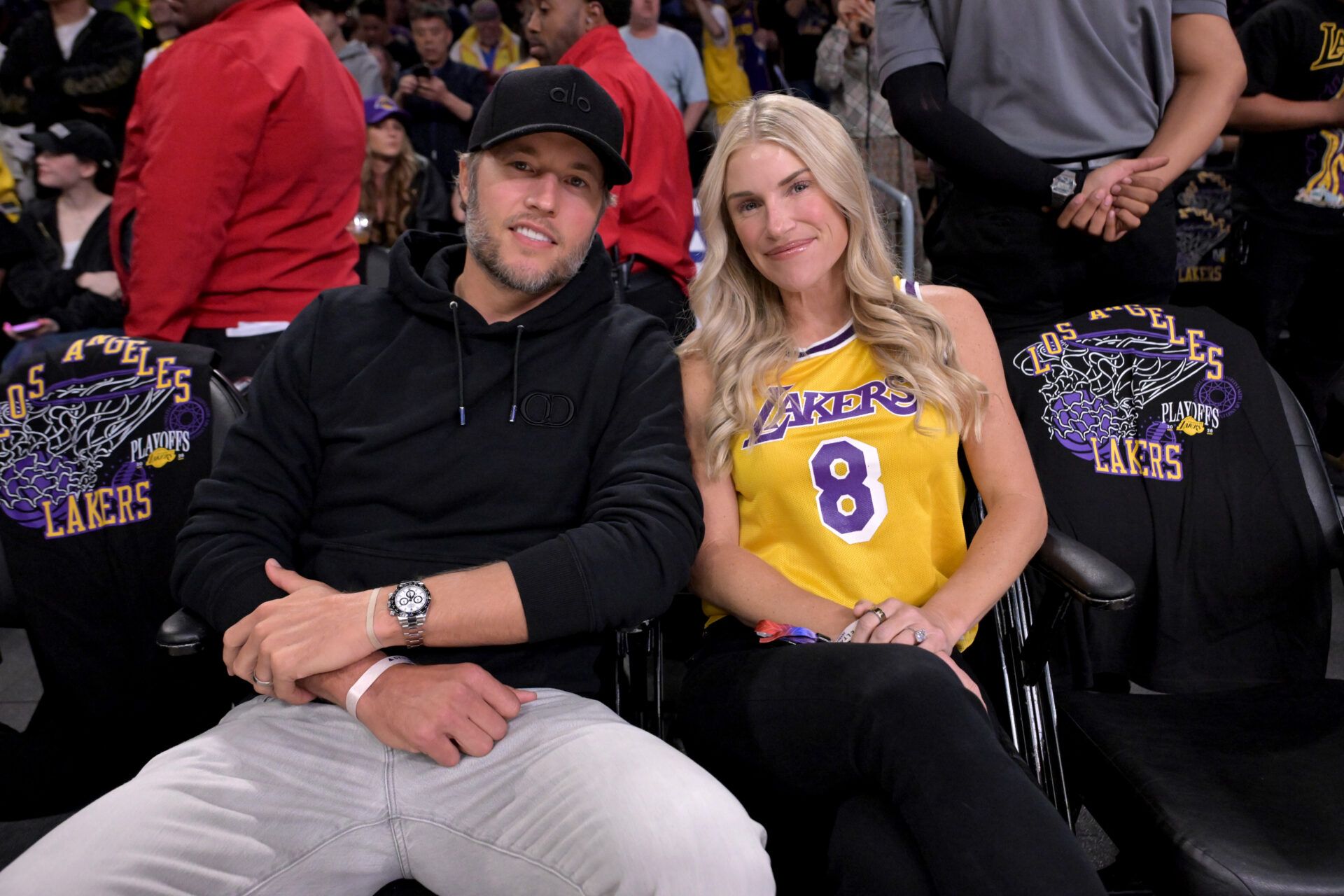Los Angeles Rams quarterback Matthew Stafford and his wife Kelly attend game two of the first round of the 2026 NBA Playoffs between the Los Angeles Lakers and the Houston Rockets at Crypto.com Arena.