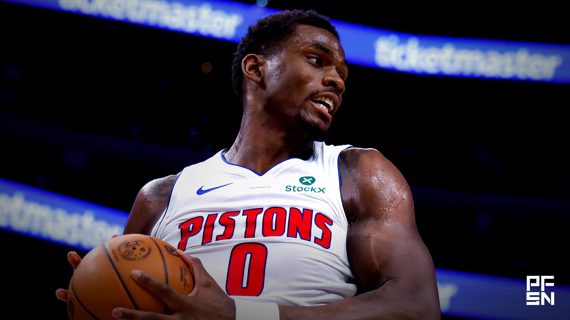 Detroit Pistons center Jalen Duren (0) grabs the rebound in the first half against the Cleveland Cavaliers during game two of the second round of the 2026 NBA Playoffs at Little Caesars Arena.