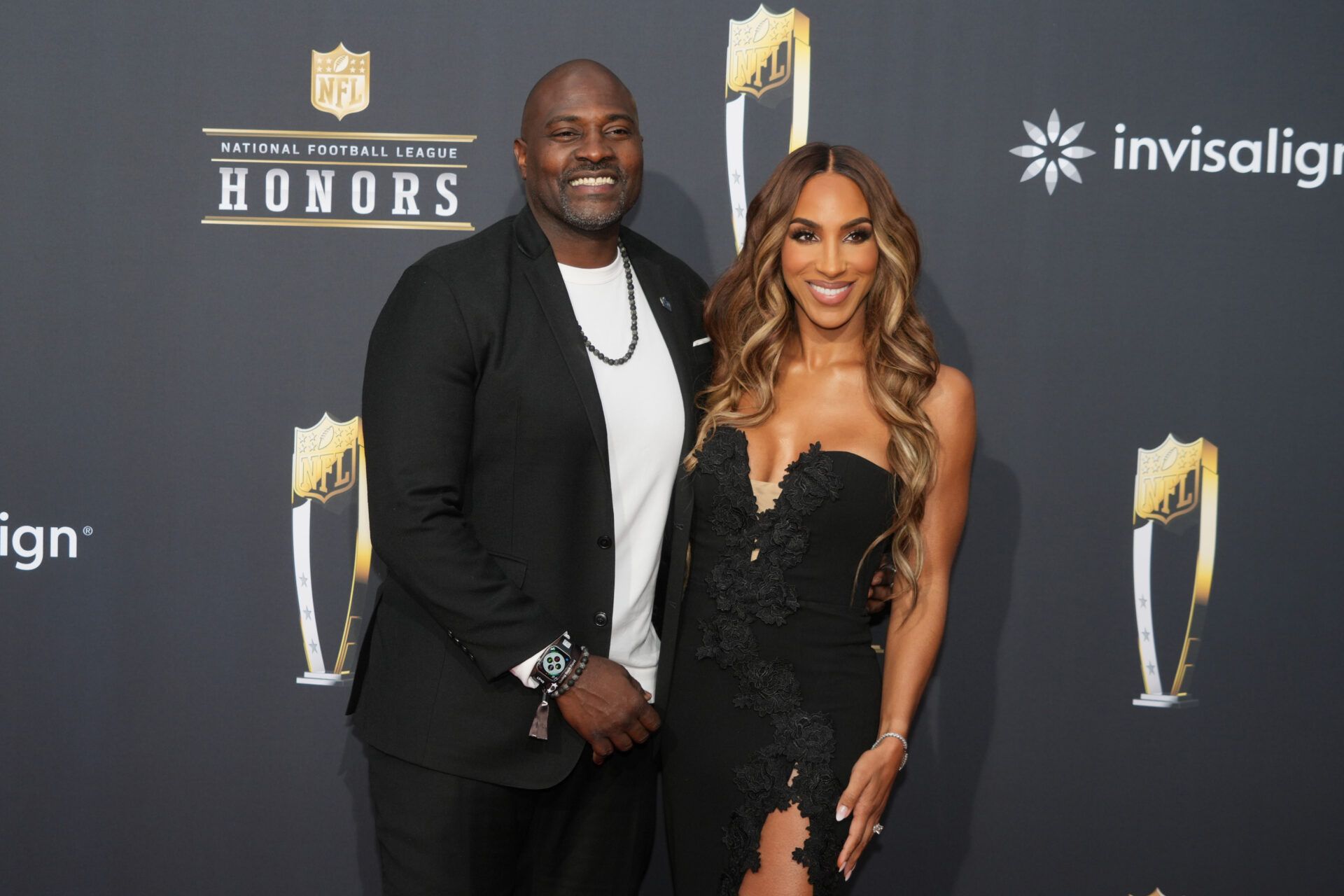 Marcellus Wiley and Annemarie Wiley on the red carpet before the NFL Honors show at Resorts World Theatre.