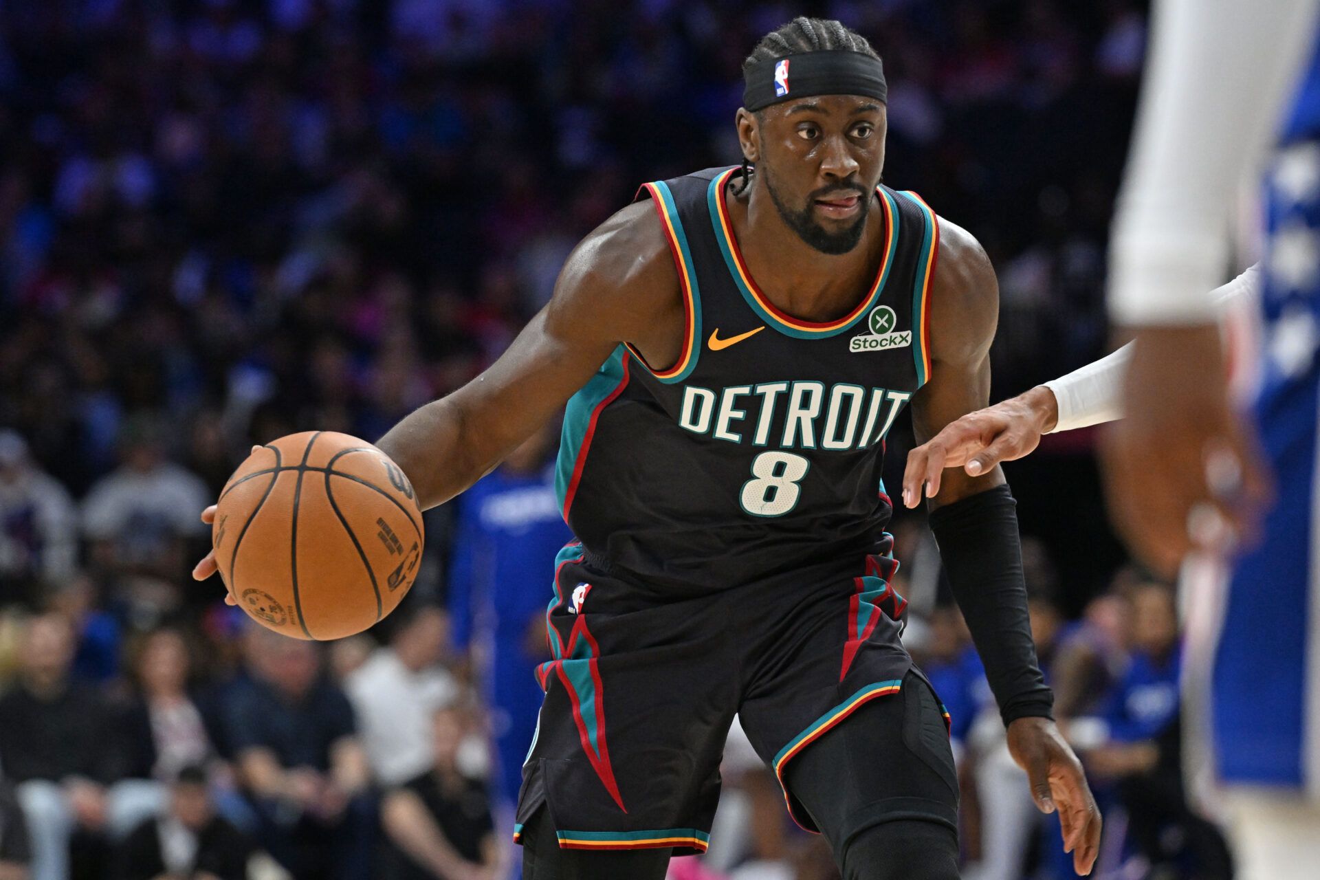 Detroit Pistons guard Caris LeVert (8) against the Philadelphia 76ers during the first half at Xfinity Mobile Arena.