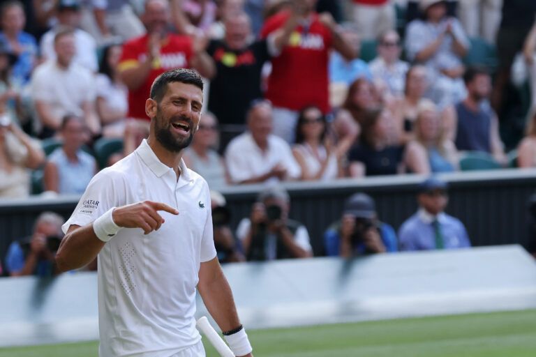 Novak Djokovic (SRB) gestures towards his player's box between points against Felix Auger-Aliassime (CAN) (not pictured) on day nine of The Championships Wimbledon 2026 at All England Lawn Tennis and Croquet Club.