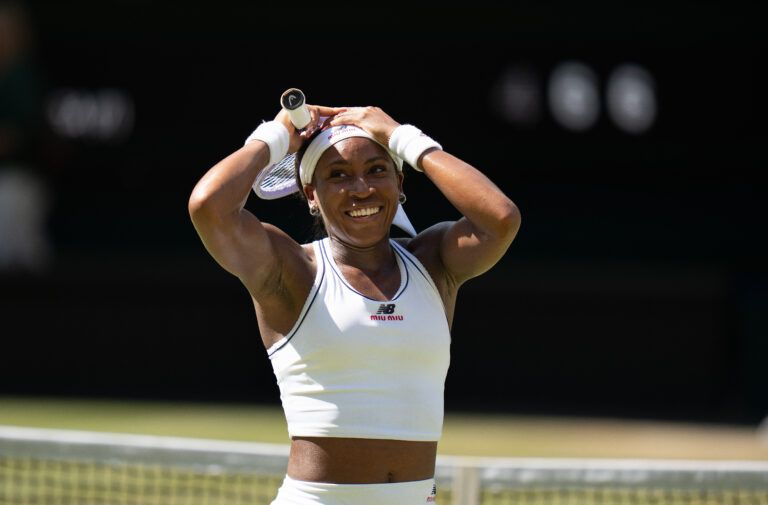 Coco Gauff of the United States celebrates winning her match against Jessica Pegula of the United States on day nine at All England Lawn Tennis and Croquet Club.