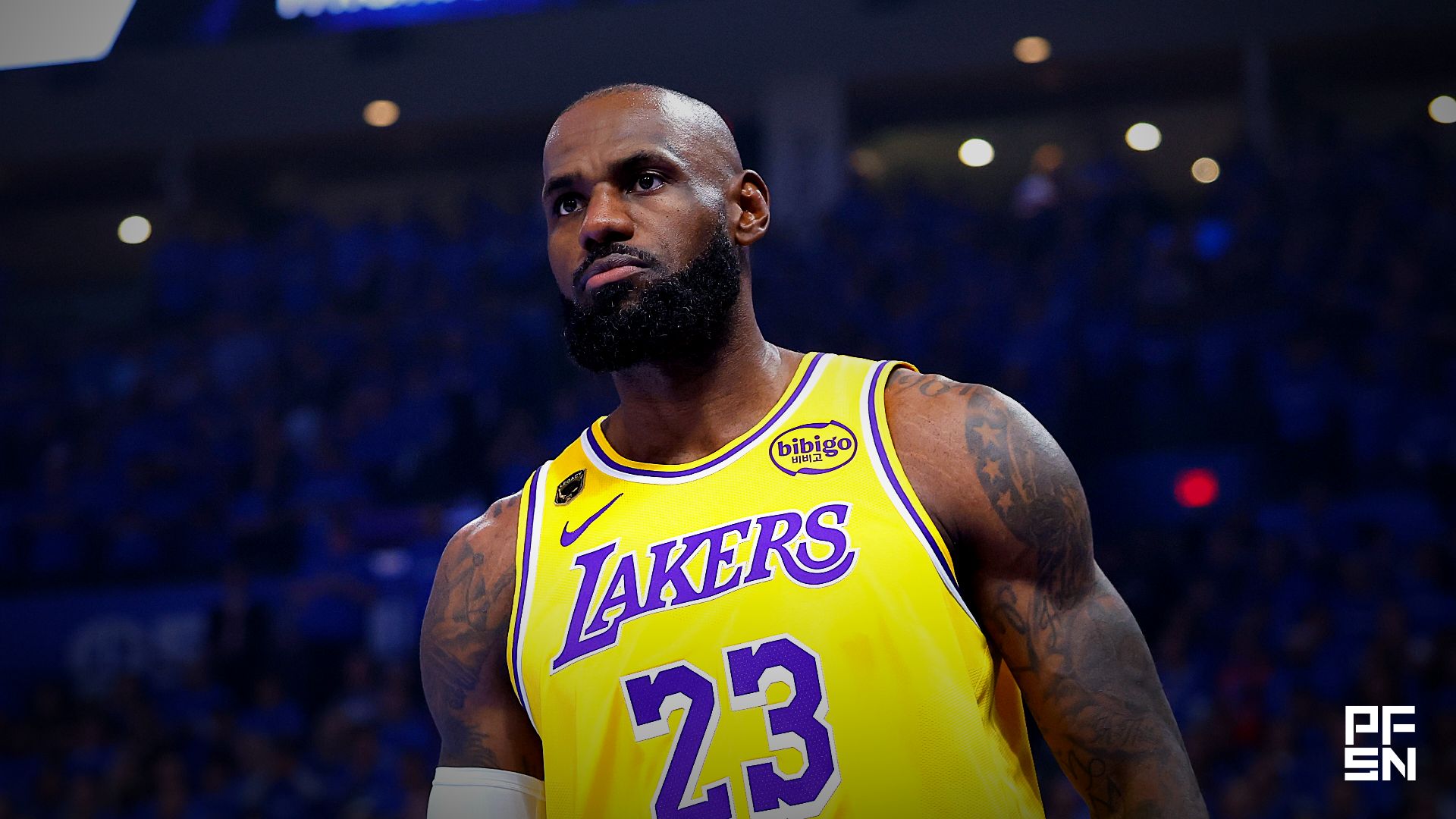 Los Angeles Lakers forward LeBron James (23) looks towards his bench after a play against the Oklahoma City Thunder in the first half during game one of the second round of the 2026 NBA Playoffs at Paycom Center.
