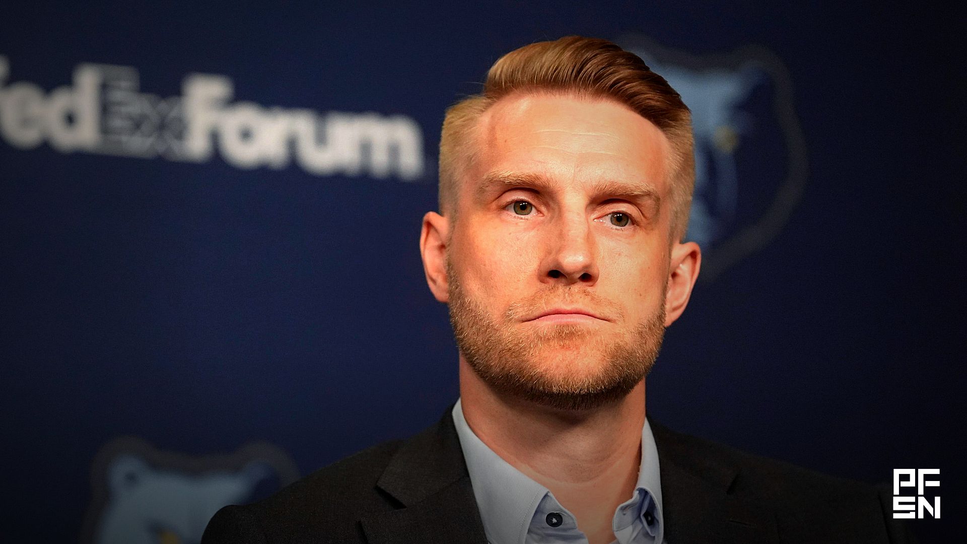 Tuomas Iisalo, Grizzlies head coach, listens to a question from the media during the introductory press conference for the teams 2026 draft picks at FedExForum in Memphis, Tenn., on June 25, 2026.