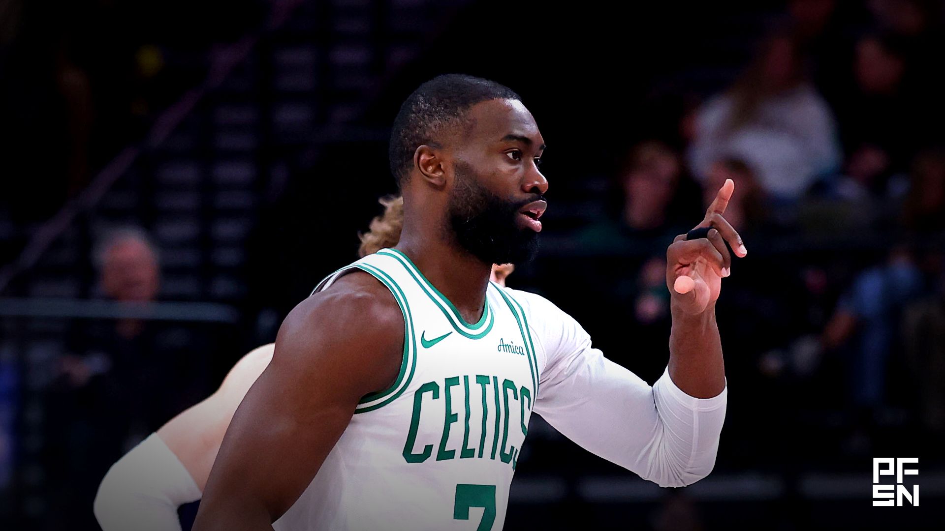 Boston Celtics guard Jaylen Brown (7) reacts after a play against the Utah Jazz during the second half at Delta Center.