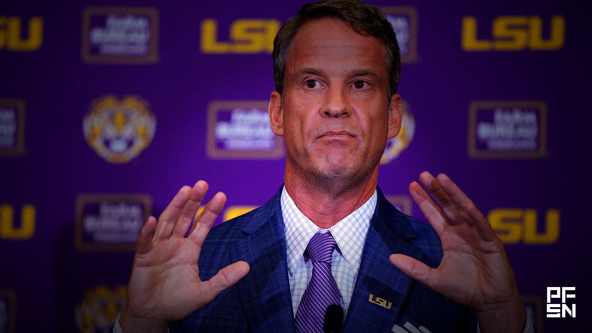 LSU Head coach Lane Kiffin speaking to the reporters (Credits: IMAGN IMAGES via Reuters Connect)
