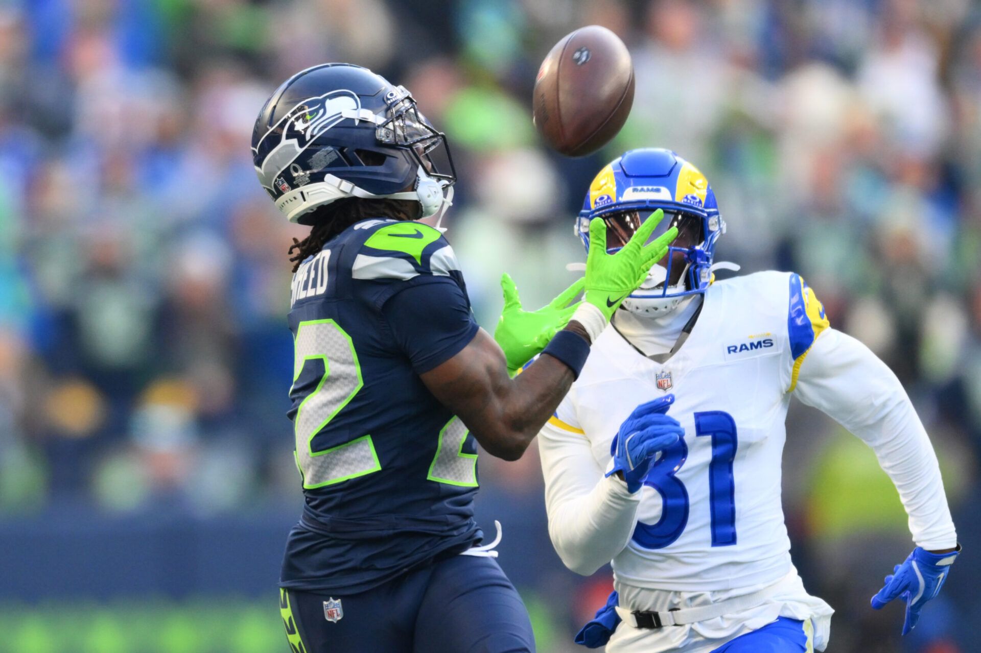 Seattle Seahawks wide receiver Rashid Shaheed (22) makes a catch in the first half against the Los Angeles Rams in the 2026 NFC Championship Game at Lumen Field.
