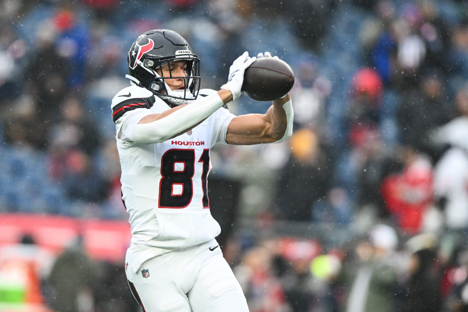 Houston Texans wide receiver Jayden Higgins (81) warms up before an AFC Divisional Round game against the New England Patriots at Gillette Stadium.