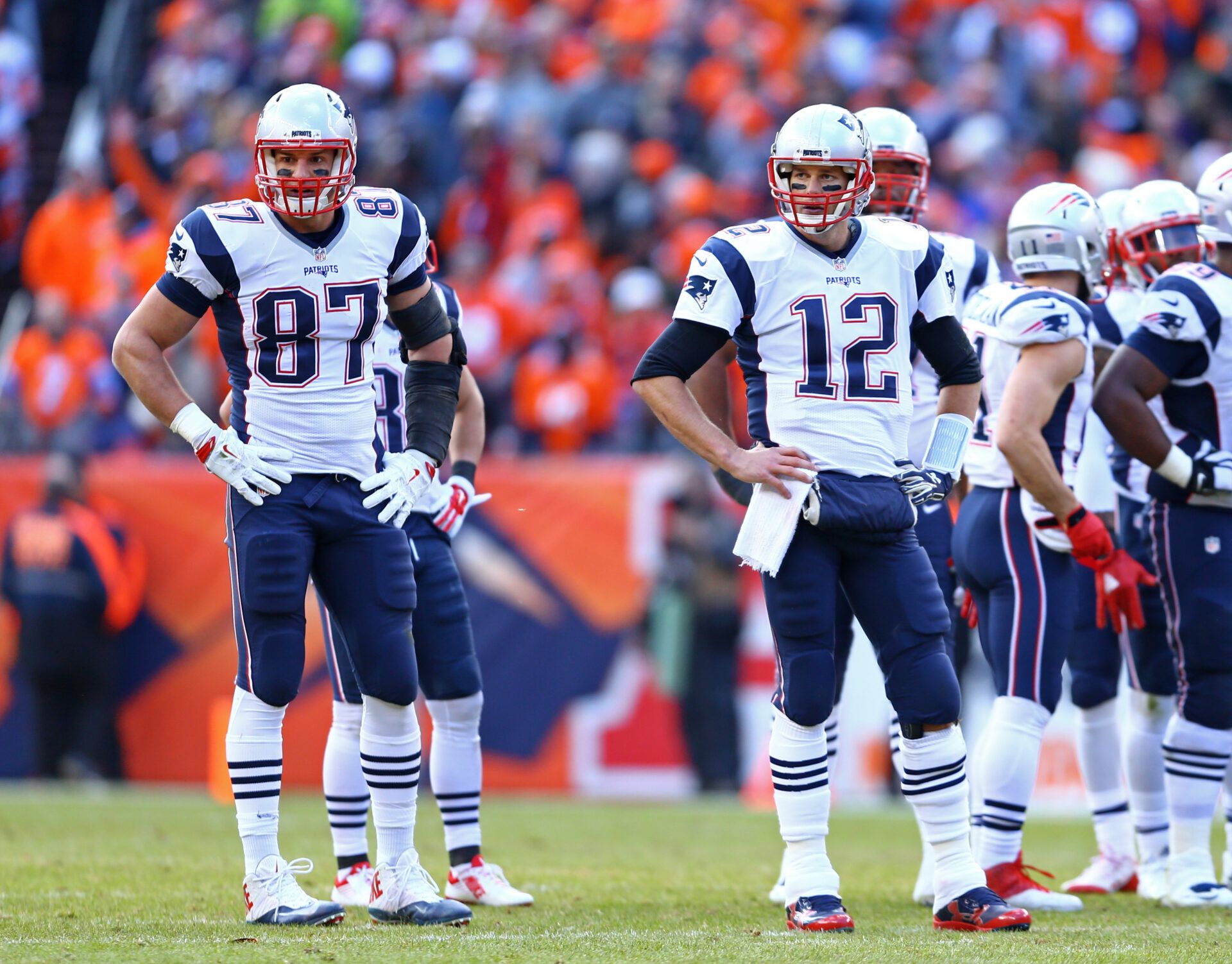 New England Patriots quarterback Tom Brady (12) and tight end Rob Gronkowski (87) against the Denver Broncos in the AFC Championship football game at Sports Authority Field at Mile High.