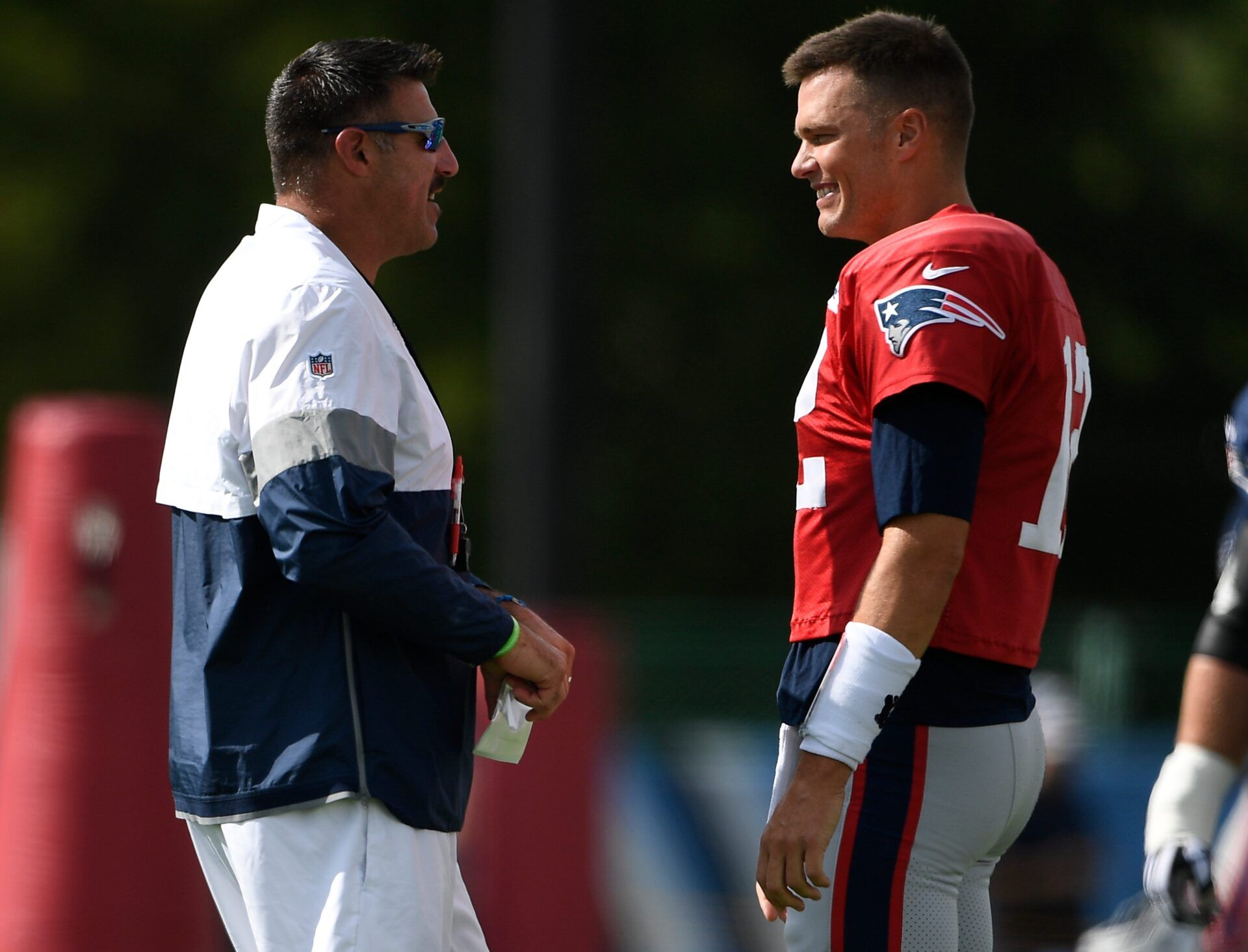 Tennessee Titans head coach Mike Vrabel chats with New England Patriots quarterback Tom Brady (12) during a joint training camp practice at Saint Thomas Sports Park Wednesday, Aug. 14, 2019 in Nashville, Tenn.

Nas Titans 8 14 Observations 008