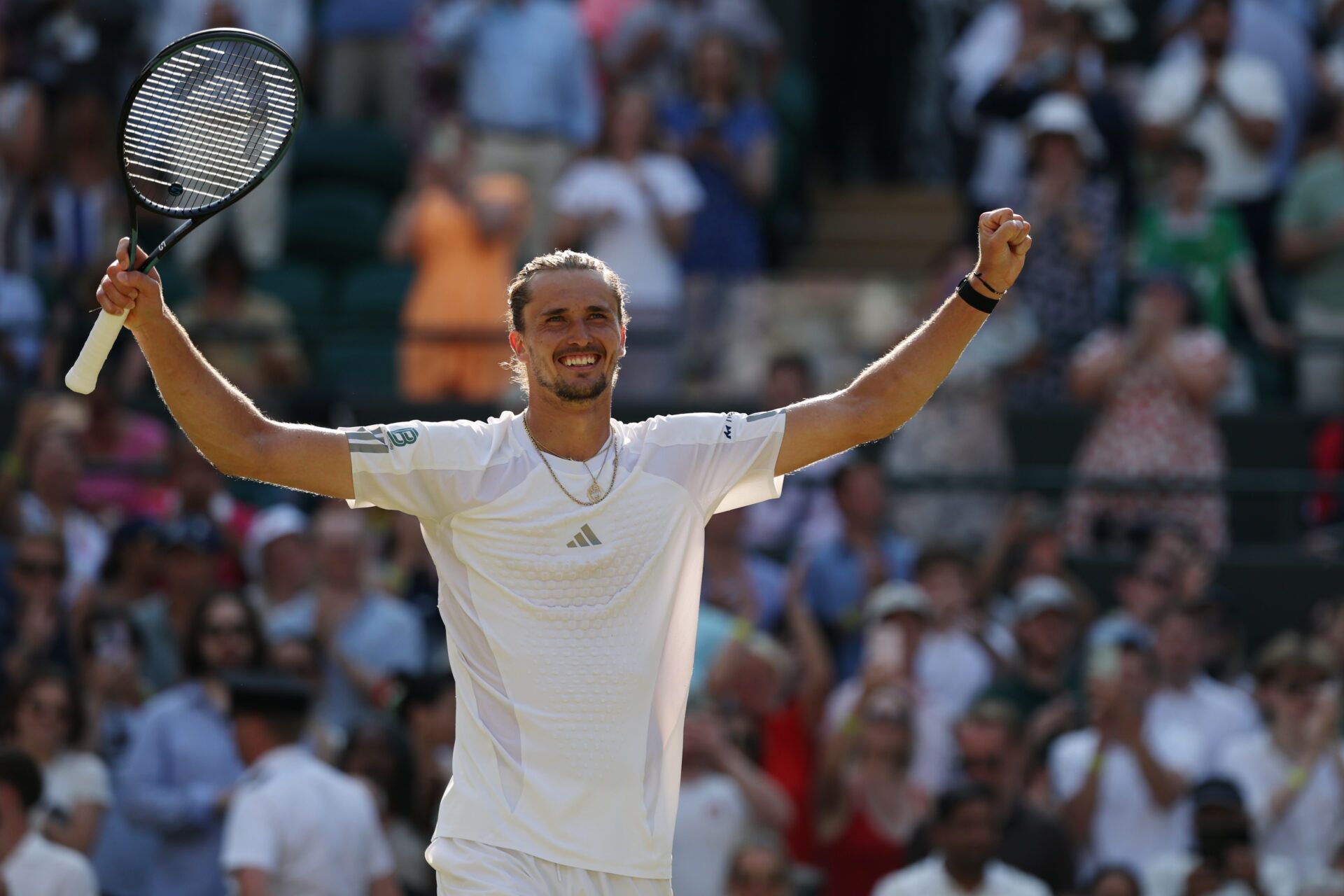 Alexander Zverev (GER) celebrates after his match against Taylor Fritz (USA) (not pictured) on day 10 of The Championships Wimbledon 2026 at All England Lawn Tennis and Croquet Club.