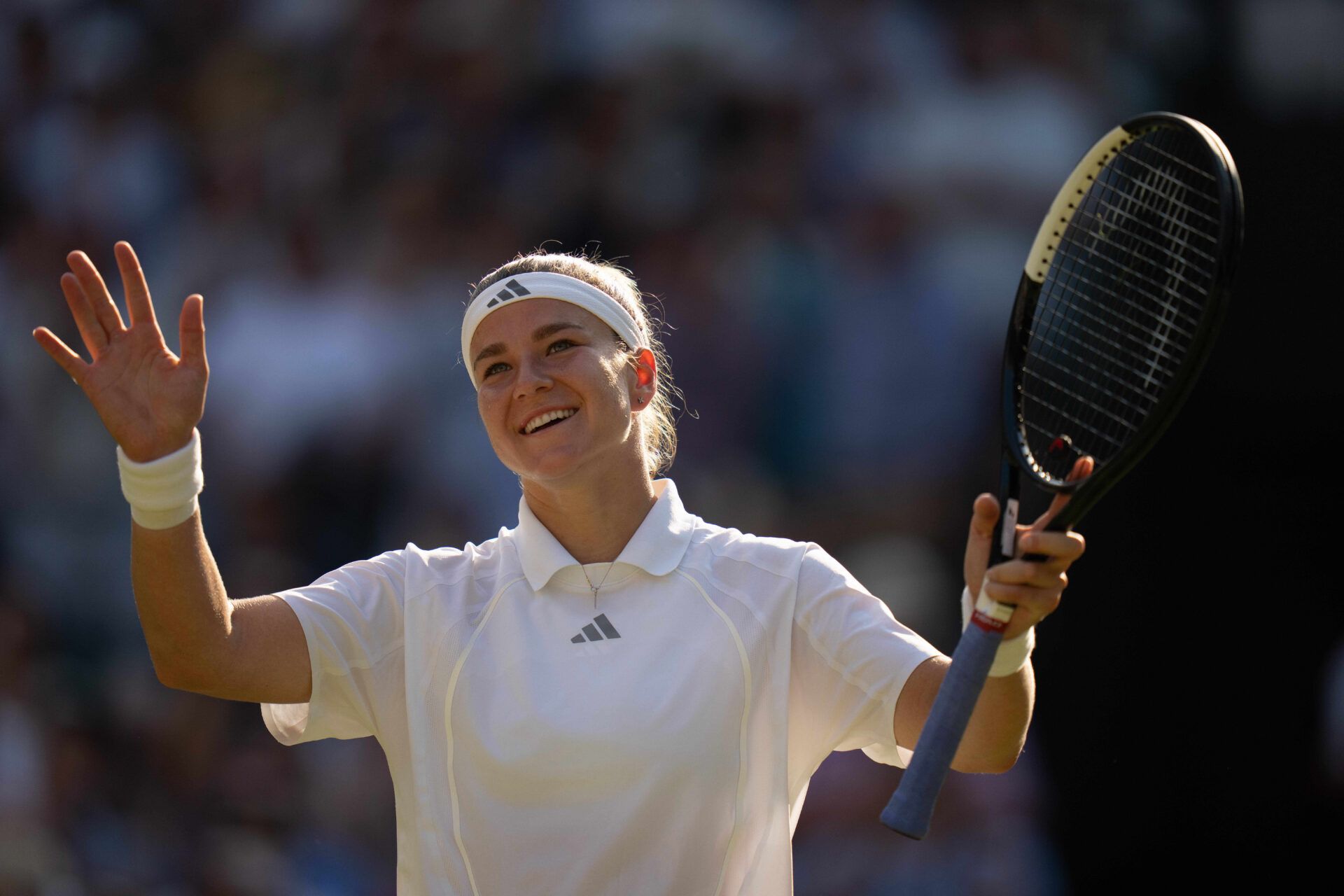 Karolina Muchova of the Czech Republic celebrates winning her match against Naomi Osaka of Japan on day nine at All England Lawn Tennis and Croquet Club.