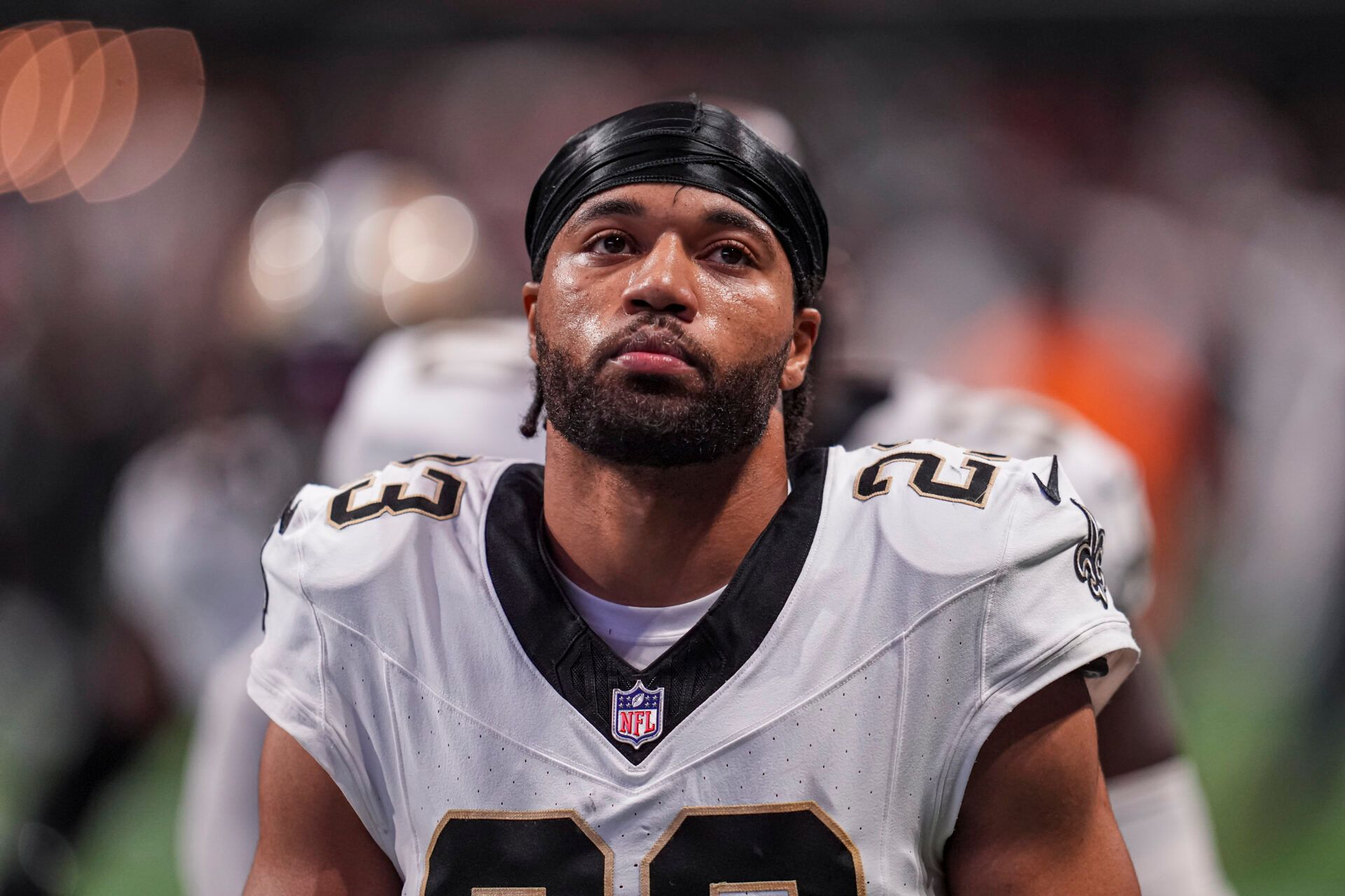 New Orleans Saints cornerback Marshon Lattimore (23) on the field against the Atlanta Falcons at Mercedes-Benz Stadium.