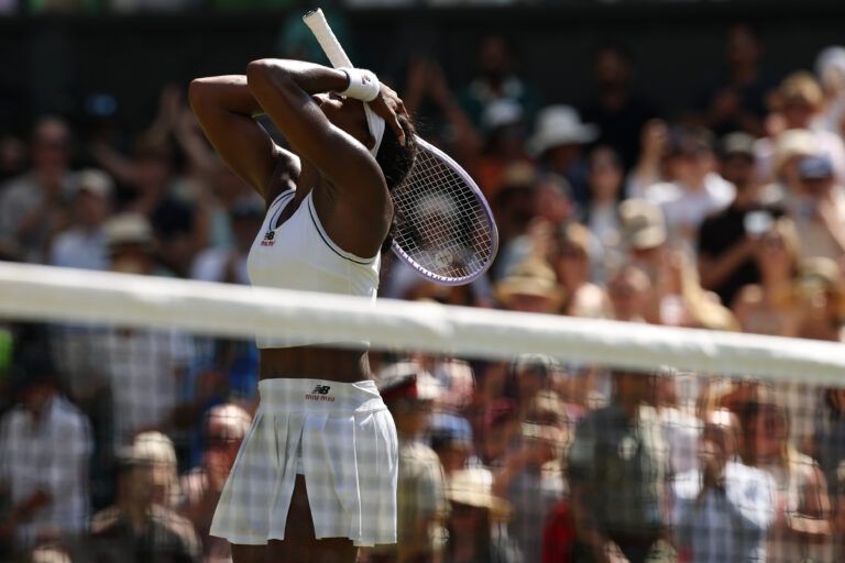 Coco Gauff (USA) celebrates after her match against Jessica Pegula (USA) (not pictured) on day nine of The Championships Wimbledon 2026 at All England Lawn Tennis and Croquet Club.