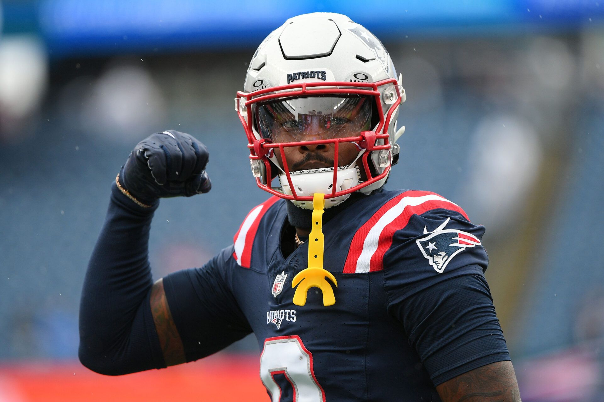 New England Patriots wide receiver Stefon Diggs (8) practices before the game against the Las Vegas Raiders at Gillette Stadium.