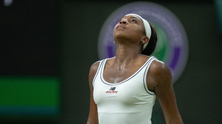 Coco Gauff of the United States reacts during  her match against Belinda Bencic of Switzerland on day seven at All England Lawn Tennis and Croquet Club.