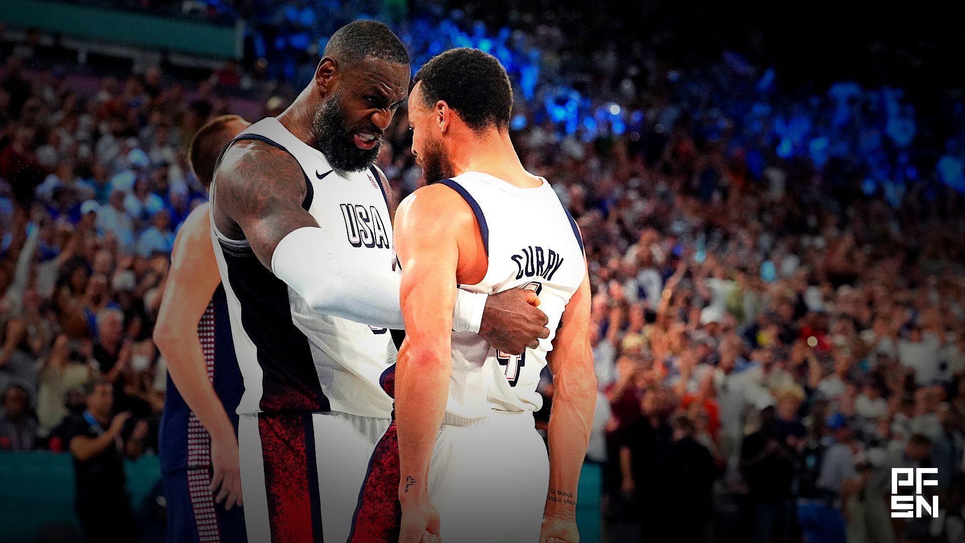 United States forward LeBron James and guard Stephen Curry celebrate after the game against Serbia in a men's basketball semifinal during the Paris 2024 Olympic Summer Games at Accor Arena on Aug. 8, 2024.
