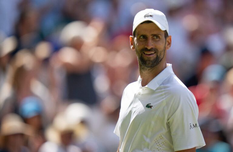 Novak Djokovic of Serbia during his match against Arthur Rinderknech of France on day five at All England Lawn Tennis and Croquet Club.