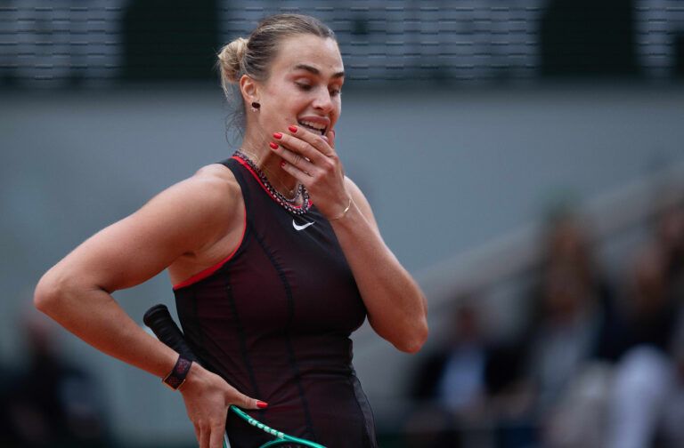 Aryna Sabalenka reacts during her match against Diana Shnaider on day 11 at Stade Roland Garros.