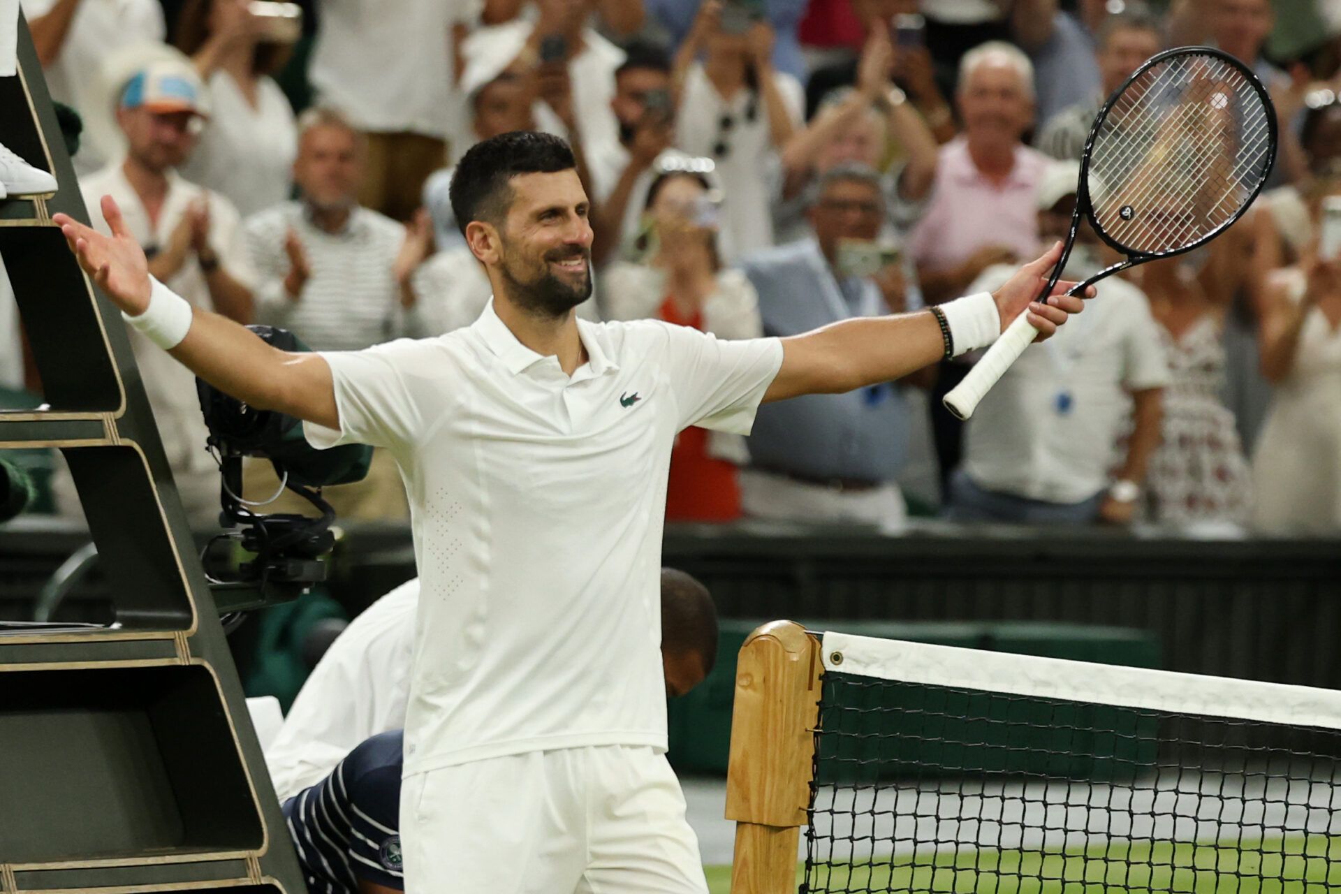 Novak Djokovic (SRB) celebrates after his match against Felix Auger-Aliassime (CAN) (not pictured) on day nine of The Championships Wimbledon 2026 at All England Lawn Tennis and Croquet Club.
