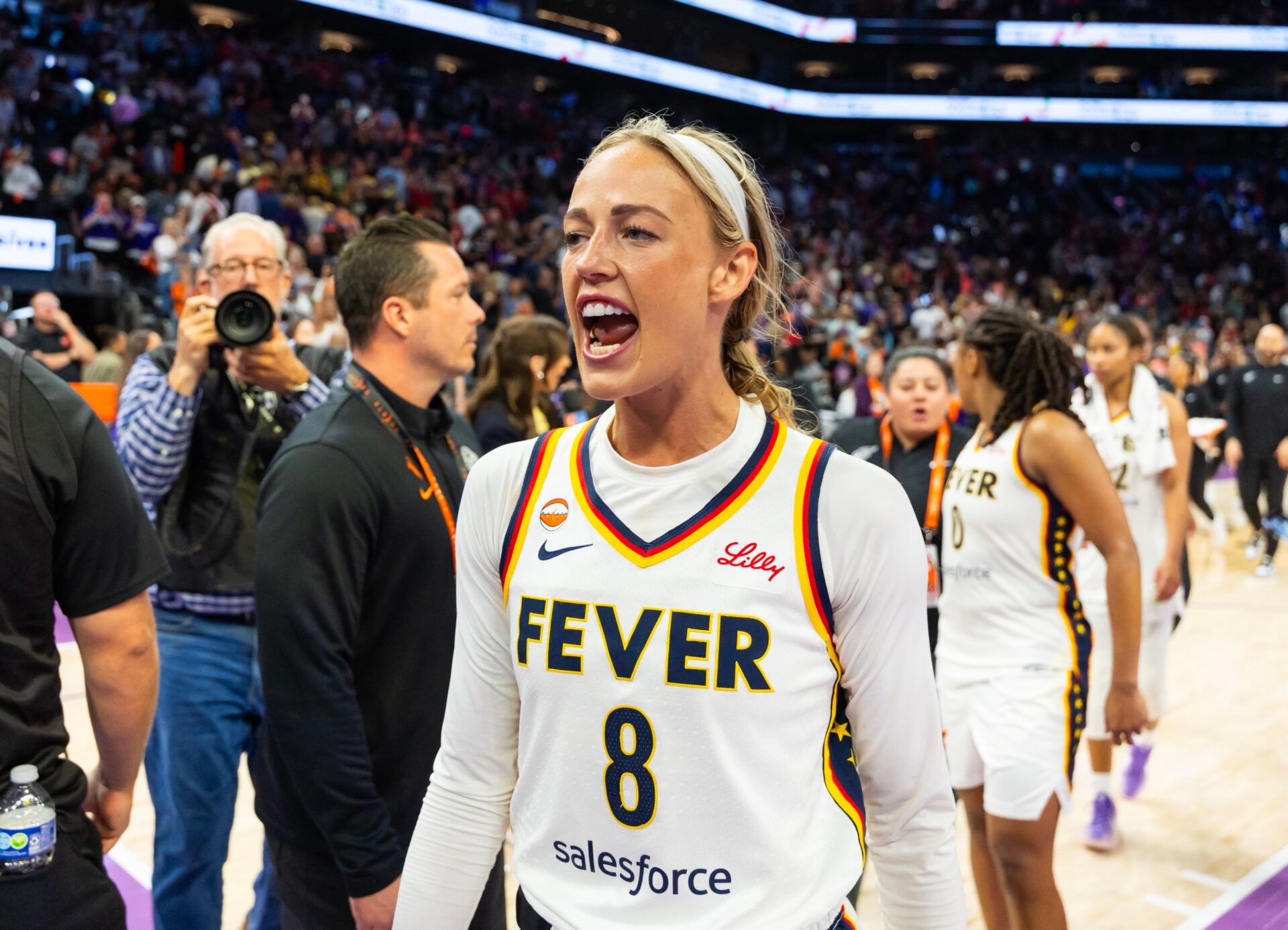 Indiana Fever guard Sophie Cunningham (8) celebrates after defeating the Phoenix Mercury at Mortgage Matchup Center.