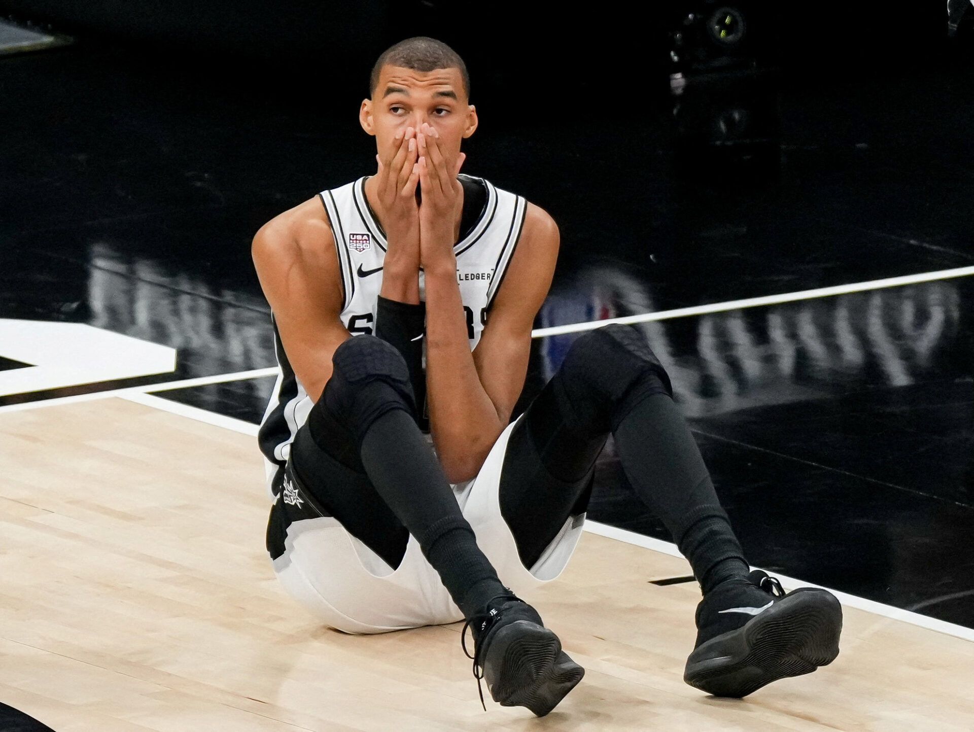San Antonio Spurs forward Victor Wembanyama (1) reacts after a play against the New York Knicks in the second half during game five of the 2026 NBA Finals at Frost Bank Center.