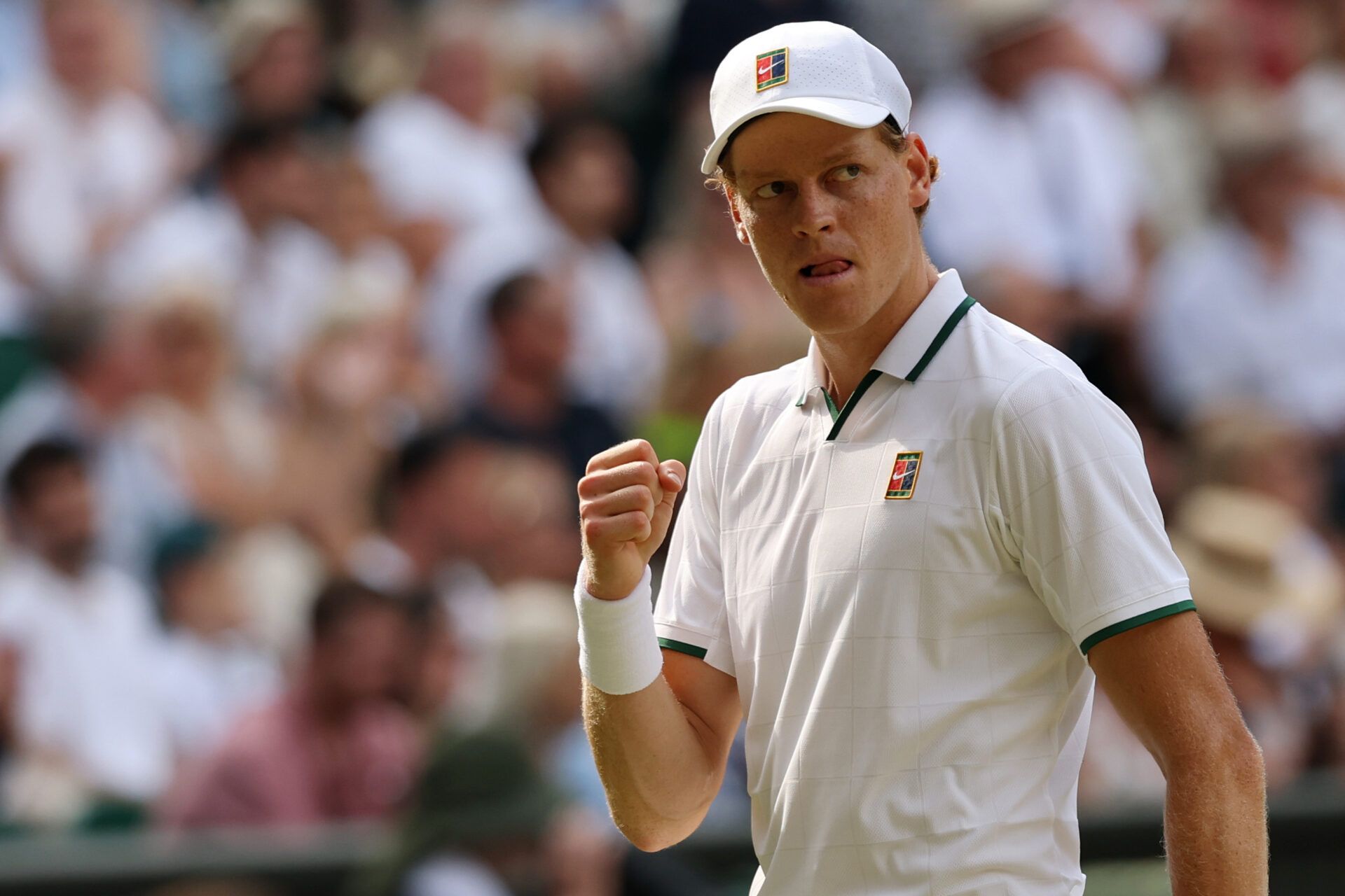 Jannik Sinner (ITA) reacts after winning a point against Novak Djokovic (SRB) (not pictured) in a gentlemen's singles semi-final of The Championships Wimbledon 2026 at All England Lawn Tennis and Croquet Club.