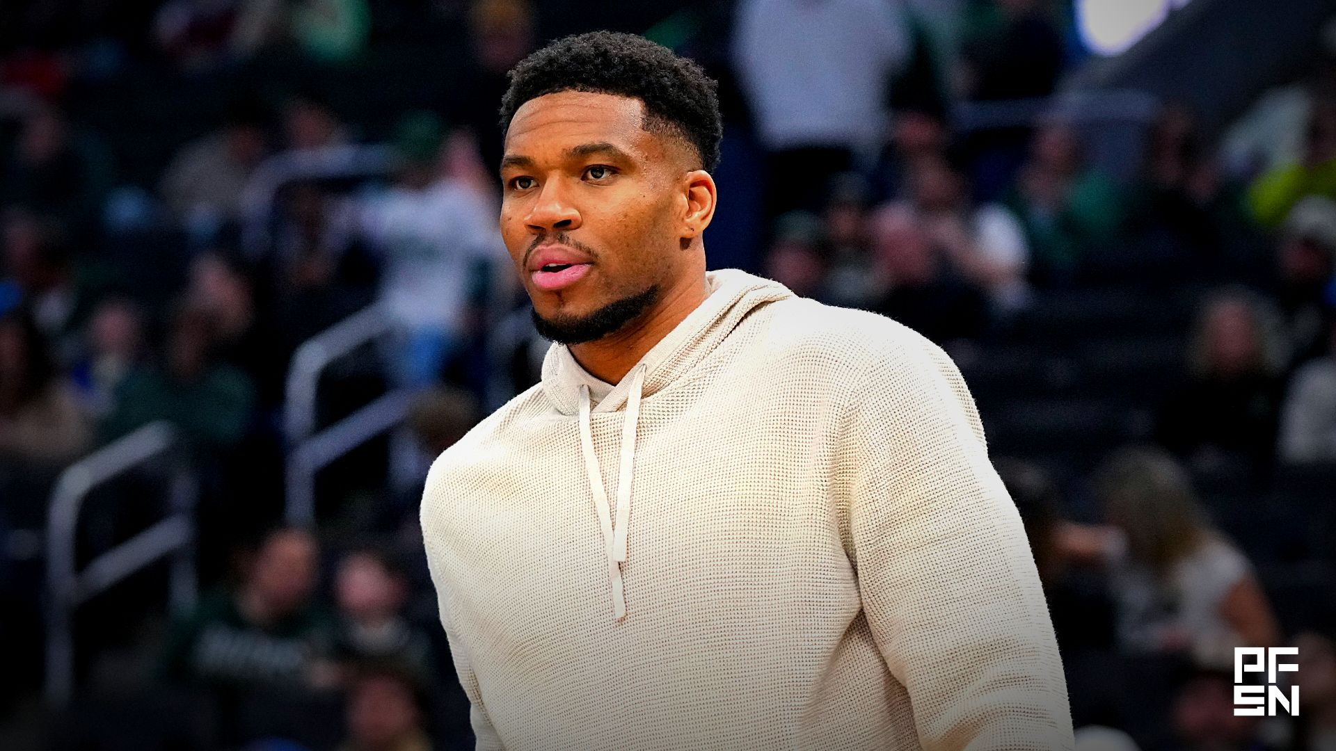 Milwaukee Bucks forward Giannis Antetokounmpo (34) looks on prior to the game against the Brooklyn Nets at Fiserv Forum.