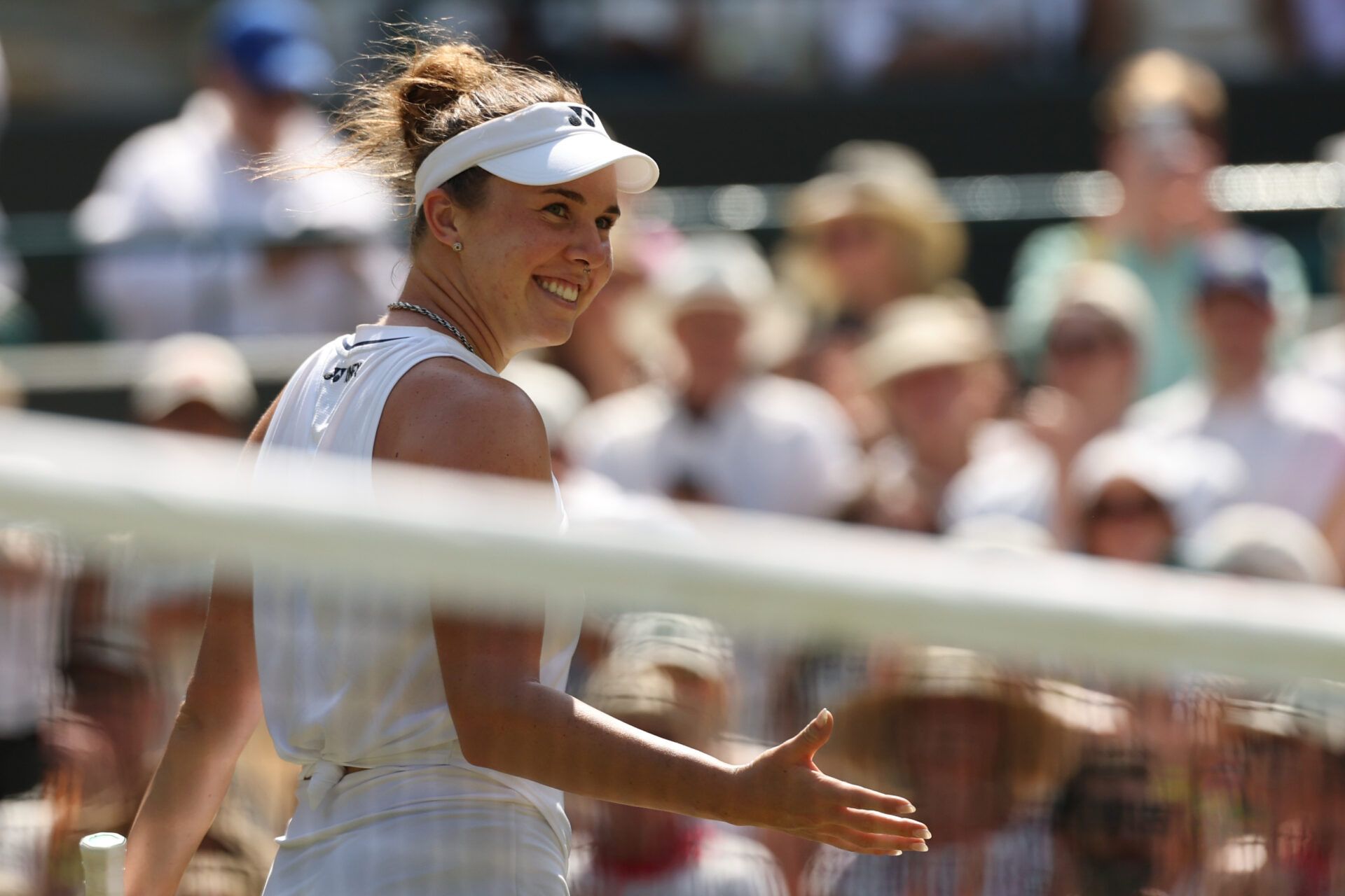 Linda Noskova (CZE) celebrates after her match against Elise Mertens (BEL) (not pictured) on day 10 of The Championships Wimbledon 2026 at All England Lawn Tennis and Croquet Club.