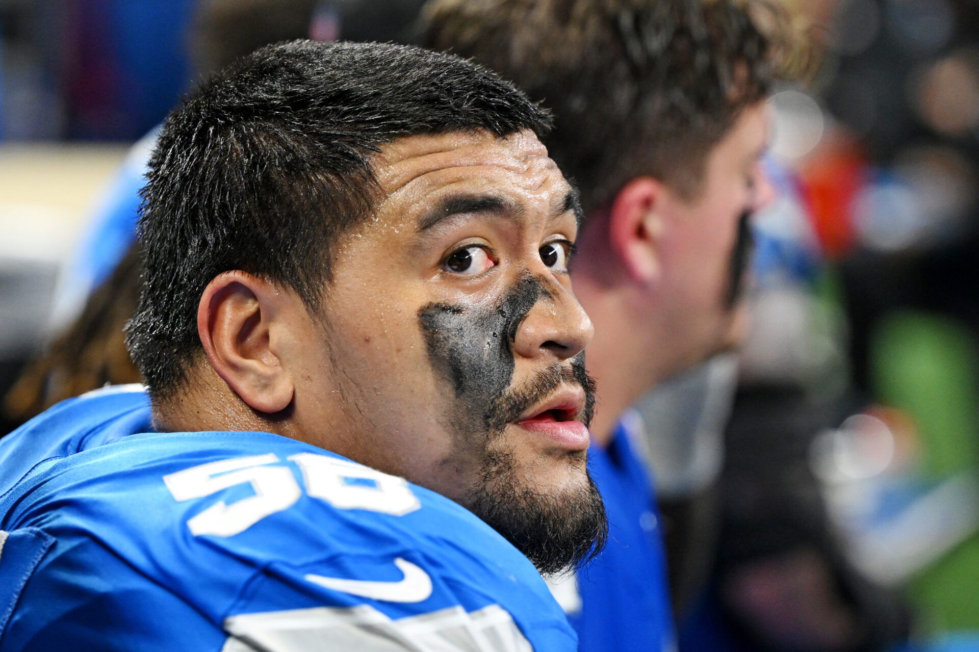 Detroit Lions offensive tackle Penei Sewell (58) looks at the score board during the second quarter against the Pittsburgh Steelers at Ford Field.