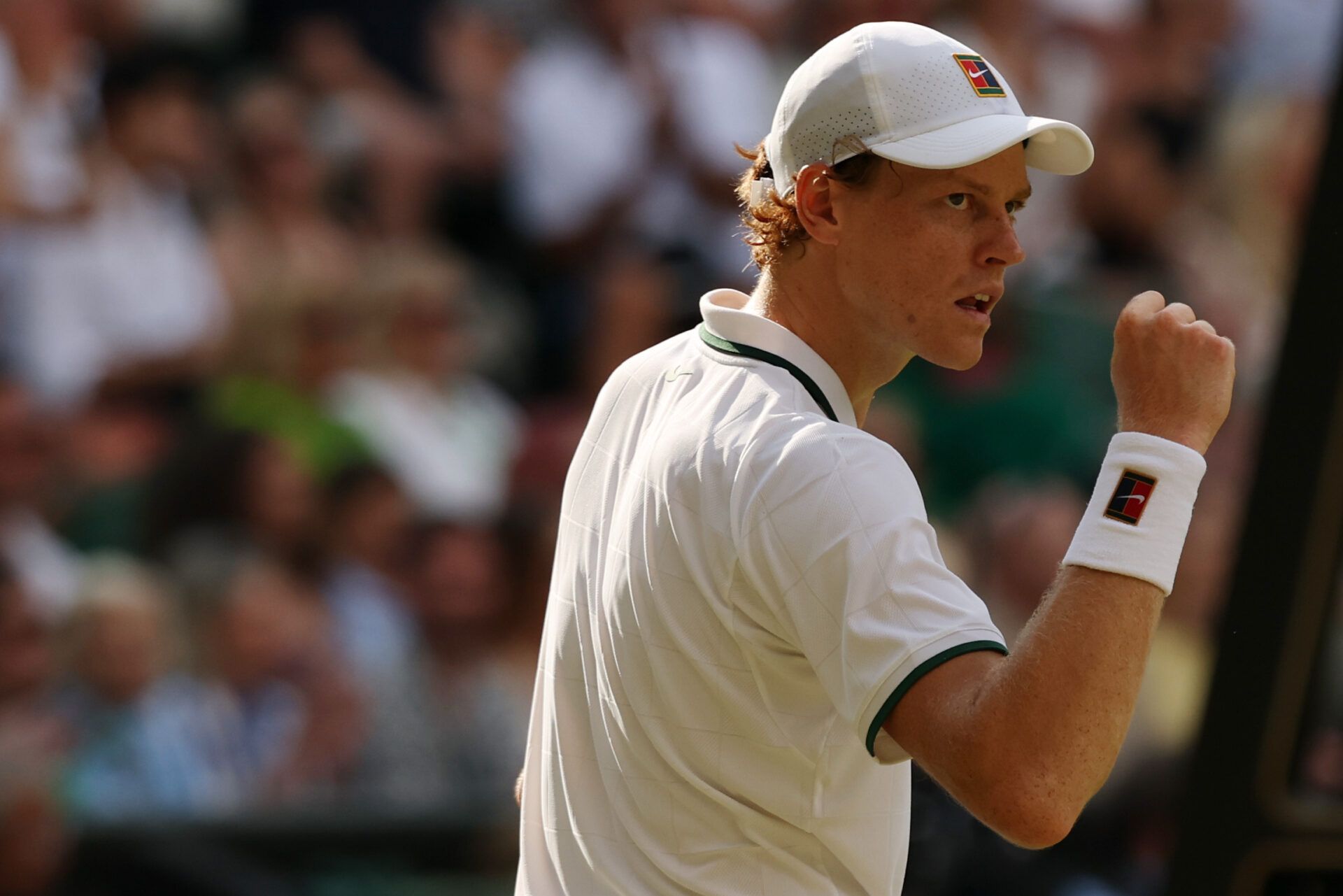 Jannik Sinner (ITA) reacts after winning a point against Novak Djokovic (SRB) (not pictured) in a gentlemen's singles semi-final of The Championships Wimbledon 2026 at All England Lawn Tennis and Croquet Club.