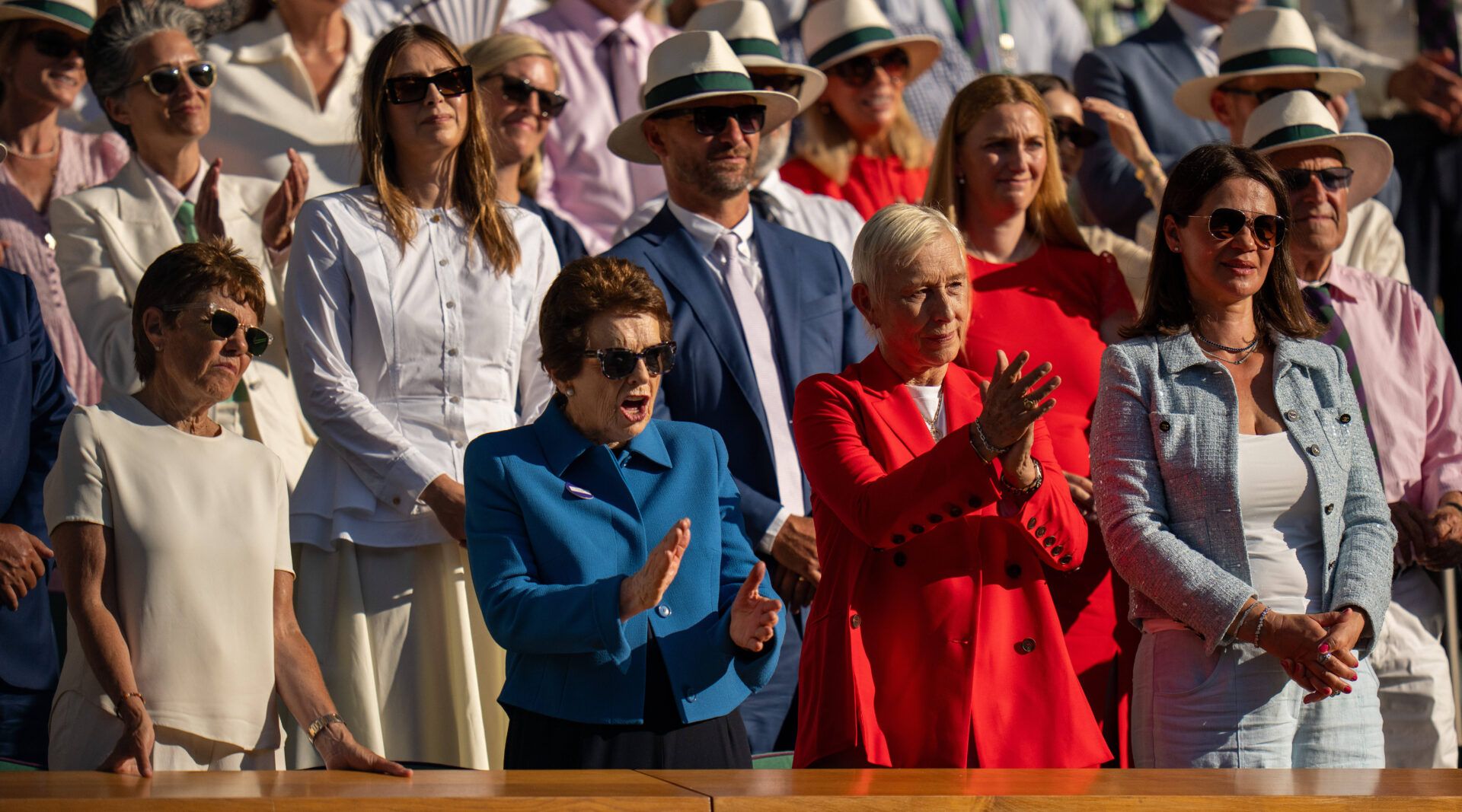 Ilana Kloss, Billie Jean King, Martina Navratilova and Julia Lemigova in the Royal Box during the Linda Noskova of the Czech Republic and Karolina Muchova of the Czech Republic womens singles trophy presentation on day 13 at All England Lawn Tennis and Croquet Club.