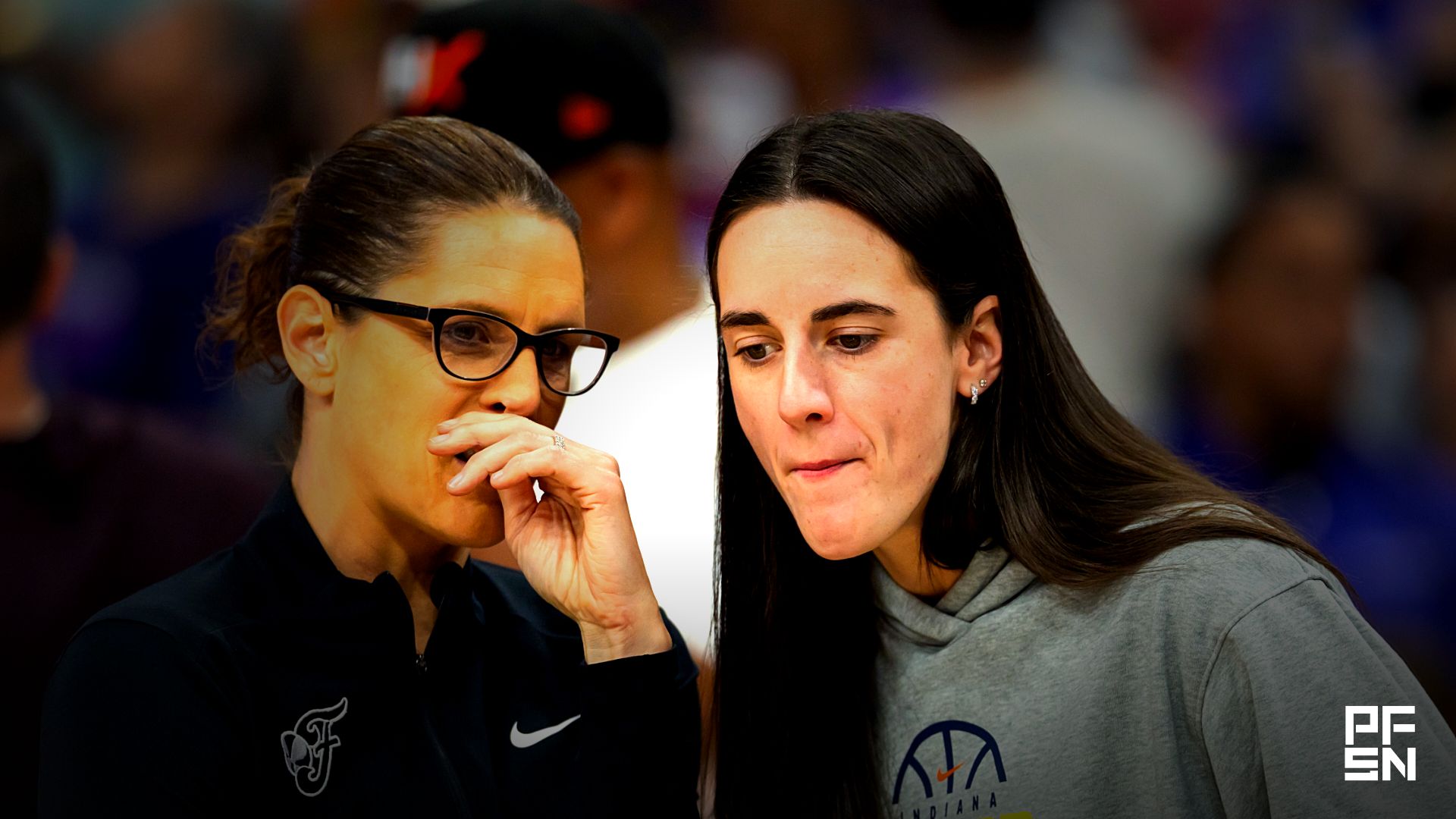 Indiana Fever head coach Stephanie White (left) with guard Caitlin Clark against the Phoenix Mercury at Mortgage Matchup Center.
