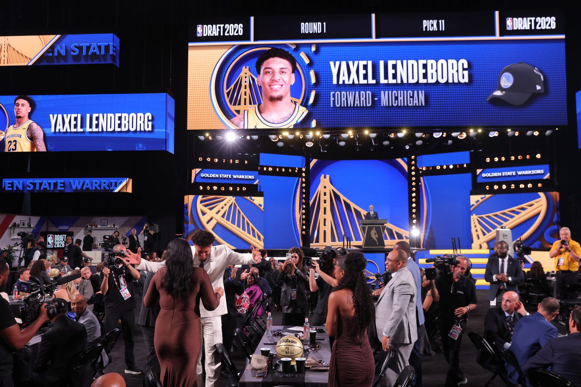 NBA commissioner Adam Silver announces the eleventh pick in the 2026 NBA draft, Michigan forward Yaxel Lendeborg after he was selected by the Golden State Warriors at Barclays Center.